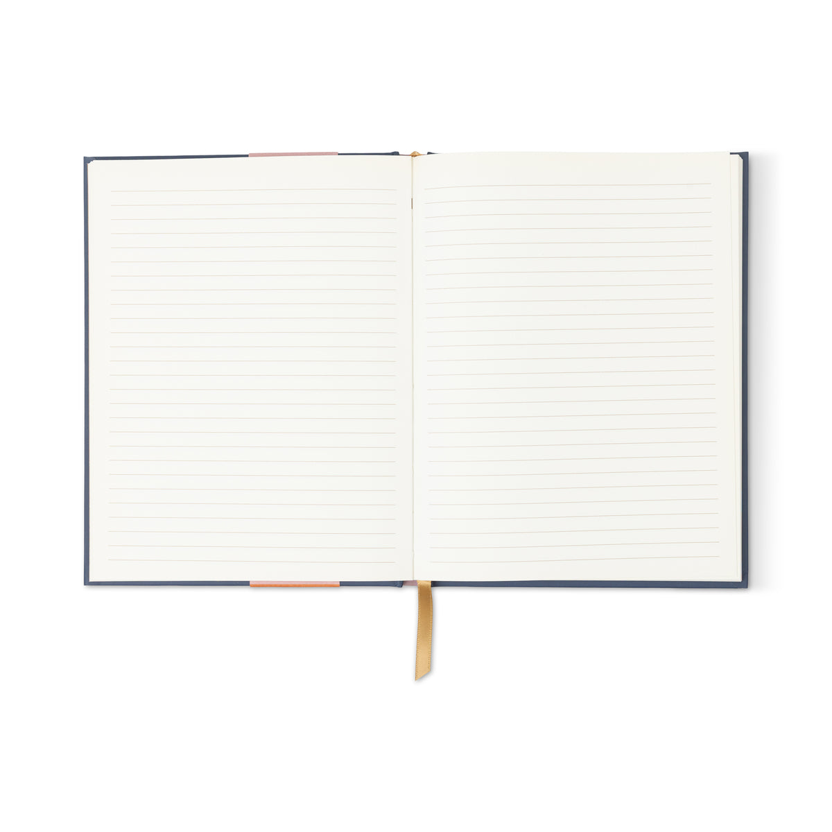 The A Dopo Moon Phases Journal features an open lined notebook with a dark cover and two ribbon bookmarks—one pink and one gold—lying flat on a white background, perfect for use as a moon phases or astrology journal.