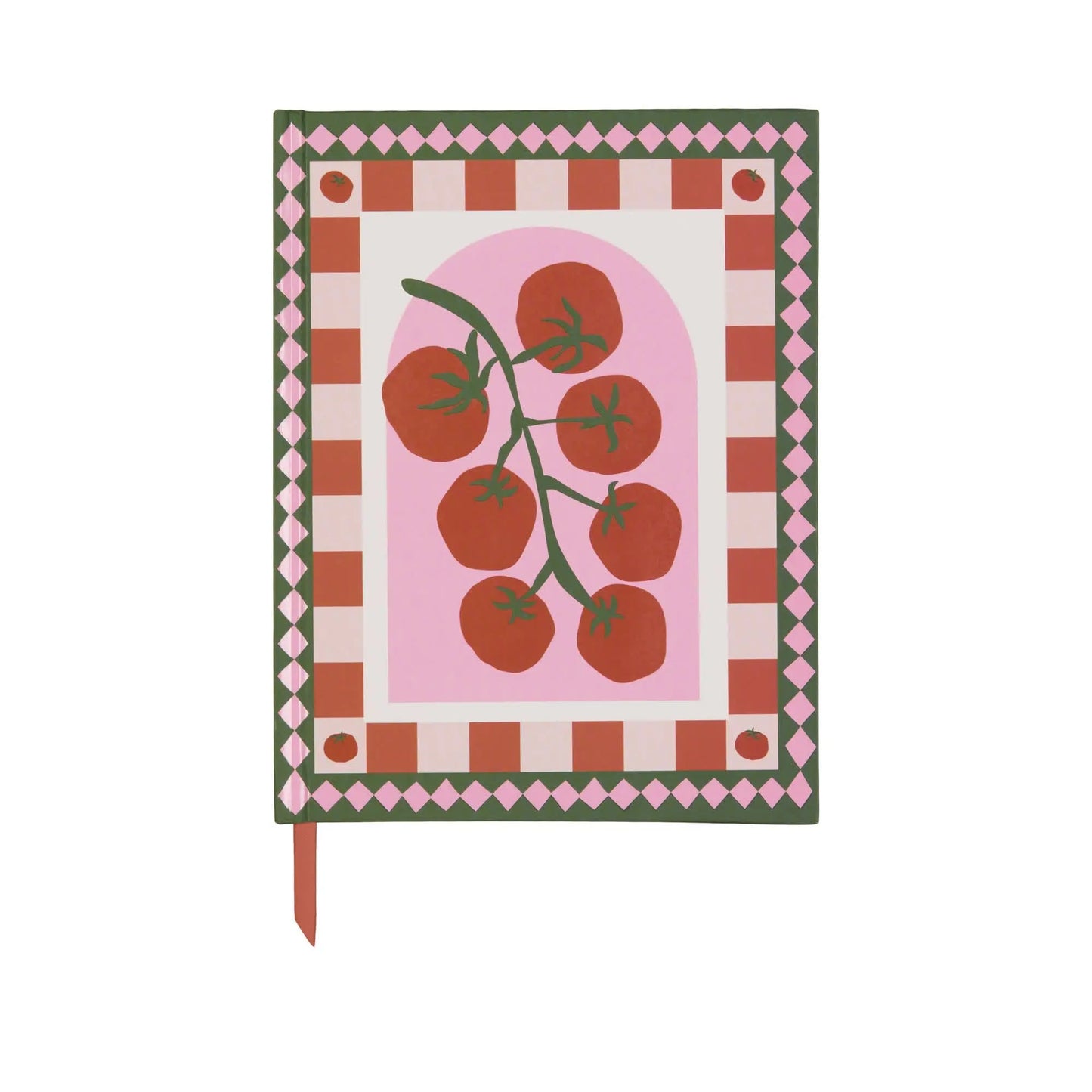 The A Dopo Tomato Journal - 6 x 7.75 features a Mediterranean-inspired cover with a tomato vine, pink and red checkered border, green trim, and an orange ribbon bookmark—ideal for journaling and creative projects.