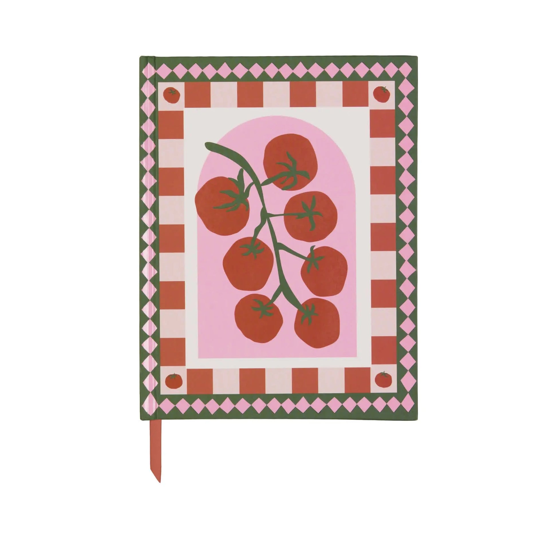 The A Dopo Tomato Journal - 6 x 7.75 features a Mediterranean-inspired cover with a tomato vine, pink and red checkered border, green trim, and an orange ribbon bookmark—ideal for journaling and creative projects.