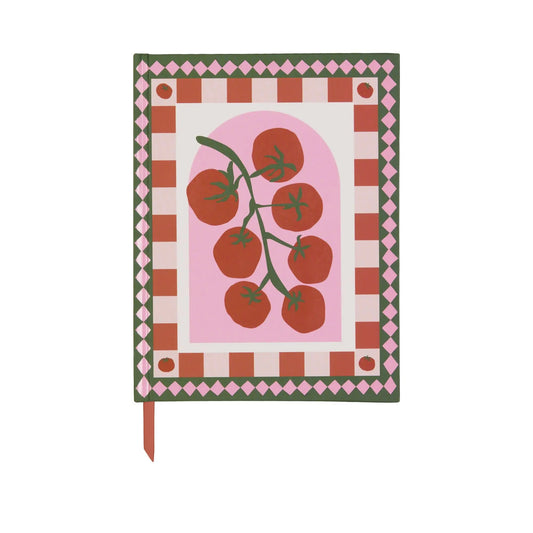 The A Dopo Tomato Journal - 6 x 7.75 features a Mediterranean-inspired cover with a tomato vine, pink and red checkered border, green trim, and an orange ribbon bookmark—ideal for journaling and creative projects.