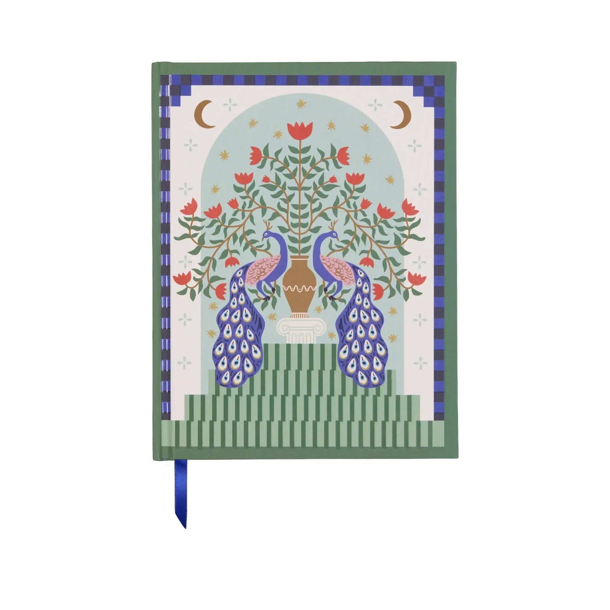 The A Dopo Peacock Journal (6 x 7.75) features a hardcover with two peacocks facing a vase of flowers, green and blue borders, lay-flat binding, and a blue ribbon bookmark.