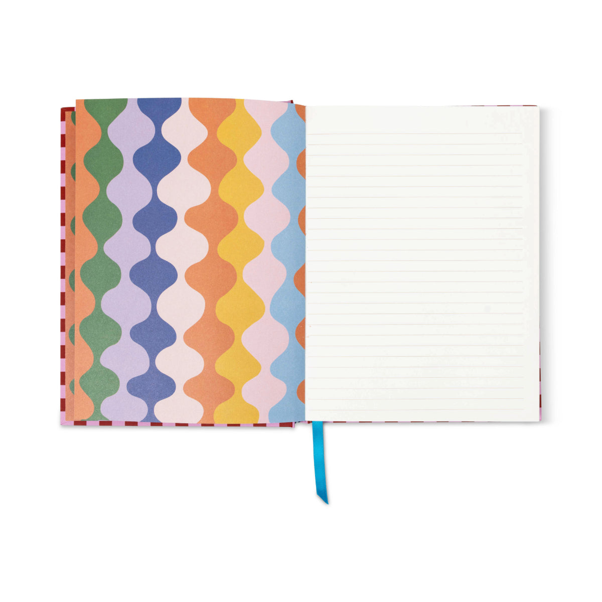 The A Dopo Fish Journal features an open spread with a colorful wavy pattern on the left page, lined white paper on the right, a blue ribbon bookmark, and a convenient lay-flat binding.