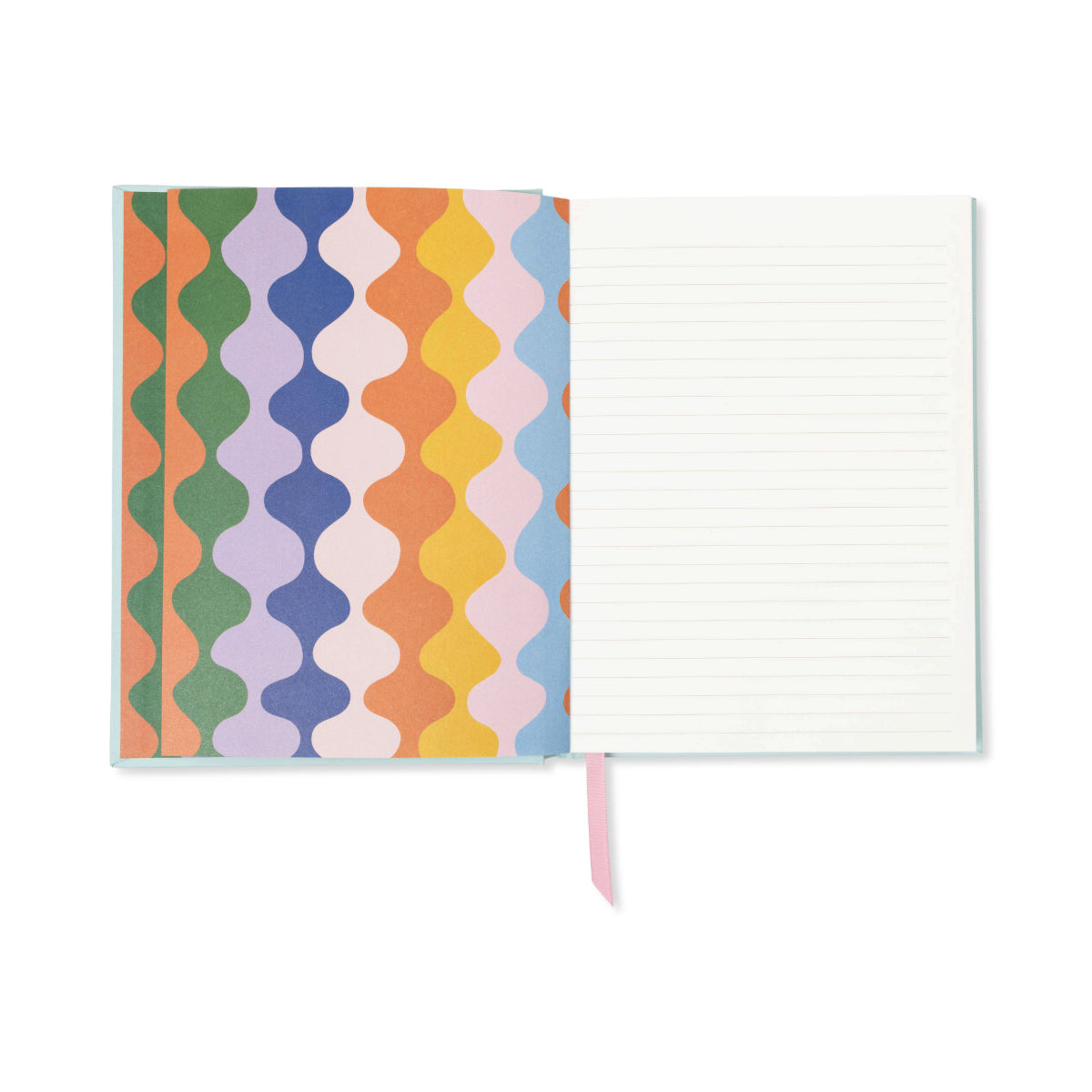 The A Dopo Blue Cheetah Journal features vibrant, wavy patterned endpapers on the left and lined white pages on the right. Its lay-flat binding ensures effortless writing across both pages, while a pink ribbon bookmark provides a delightful finishing touch.