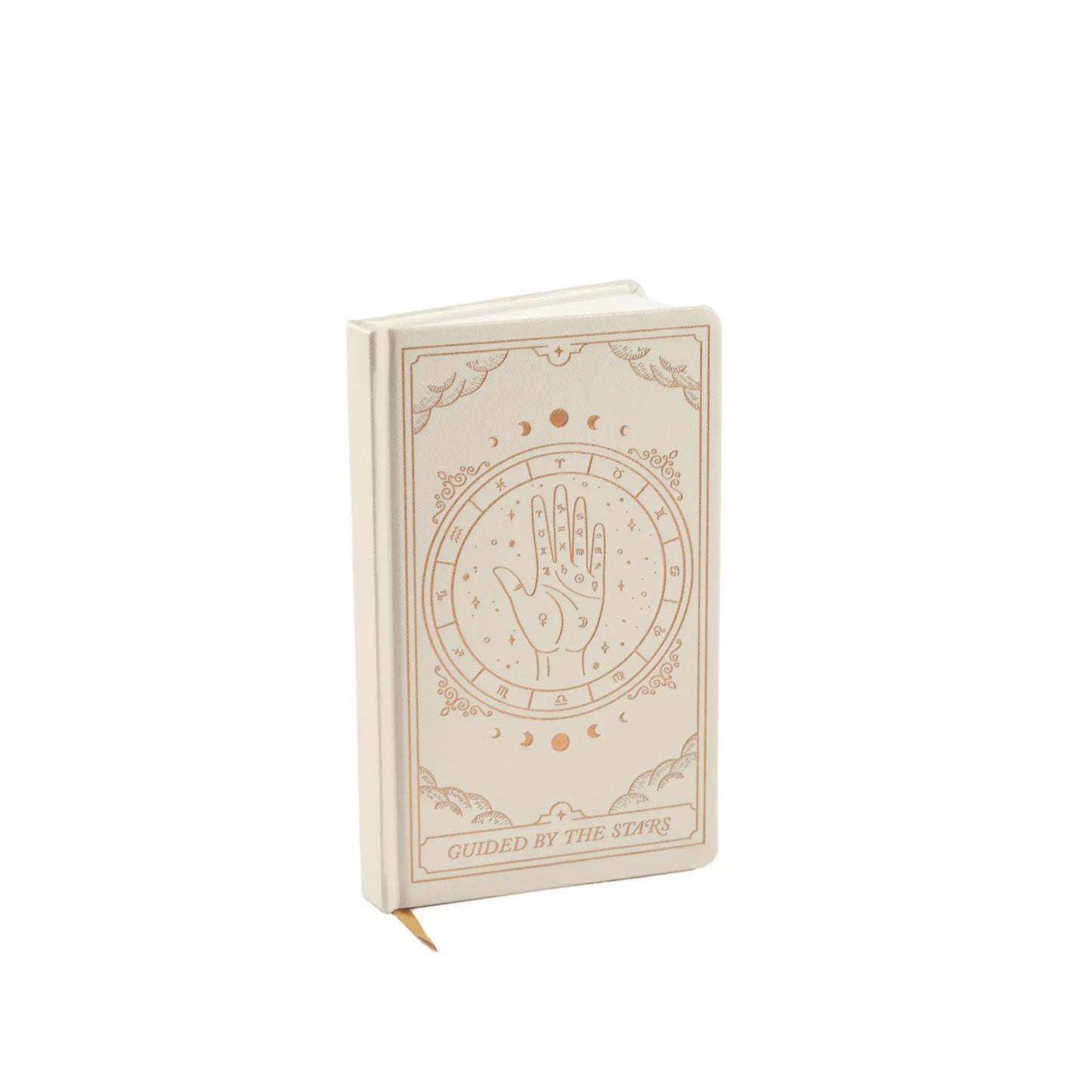 The Bookcloth Journal - Zodiac features a palmistry hand and celestial designs with gold foil accents on its beige cover—ideal for cosmic inspiration and perfect as a zodiac-themed journal.