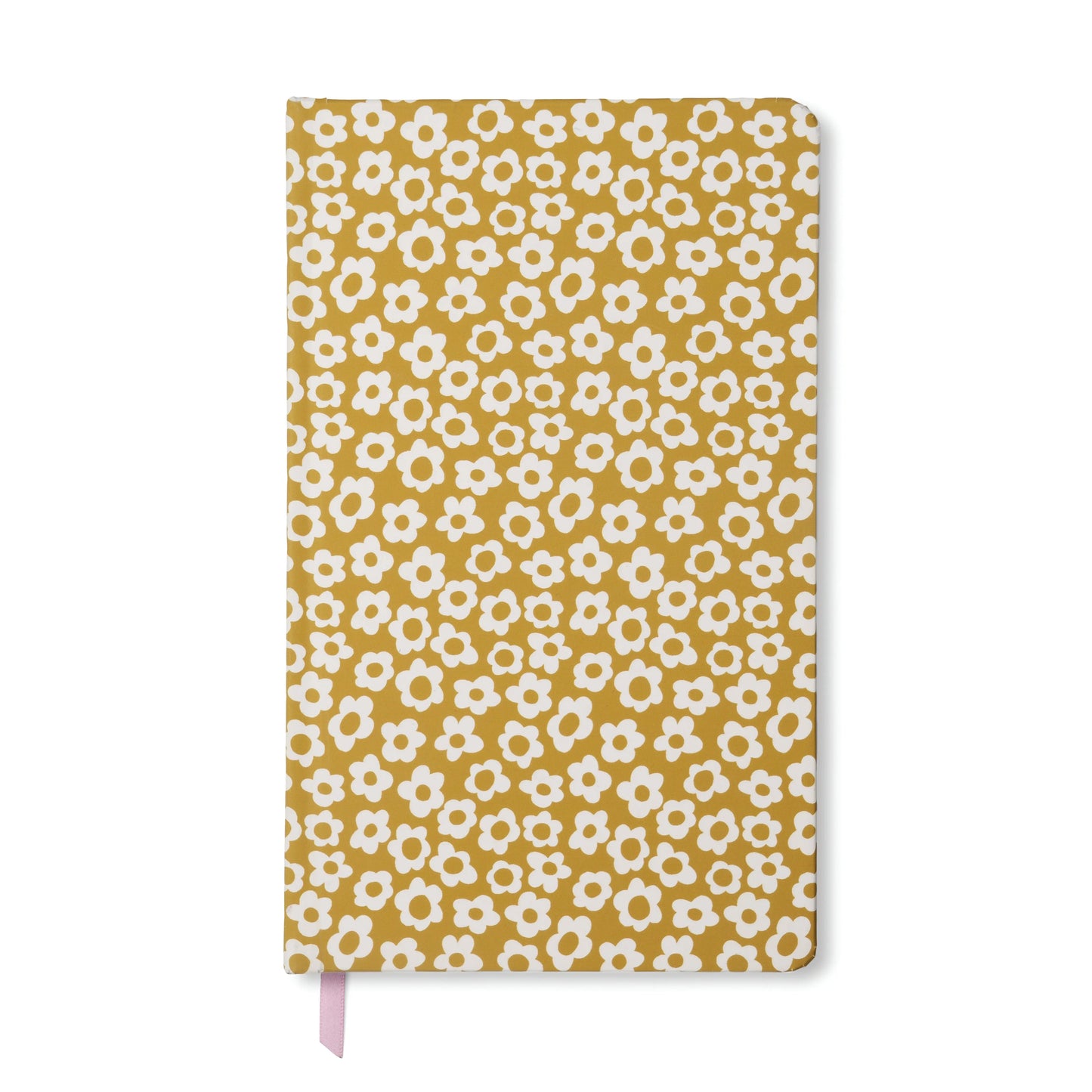 The Soft Touch Journal - Orche Groovy Floral features a mustard yellow cover with white and light yellow flowers, 256 lined pages, and a light pink ribbon bookmark.