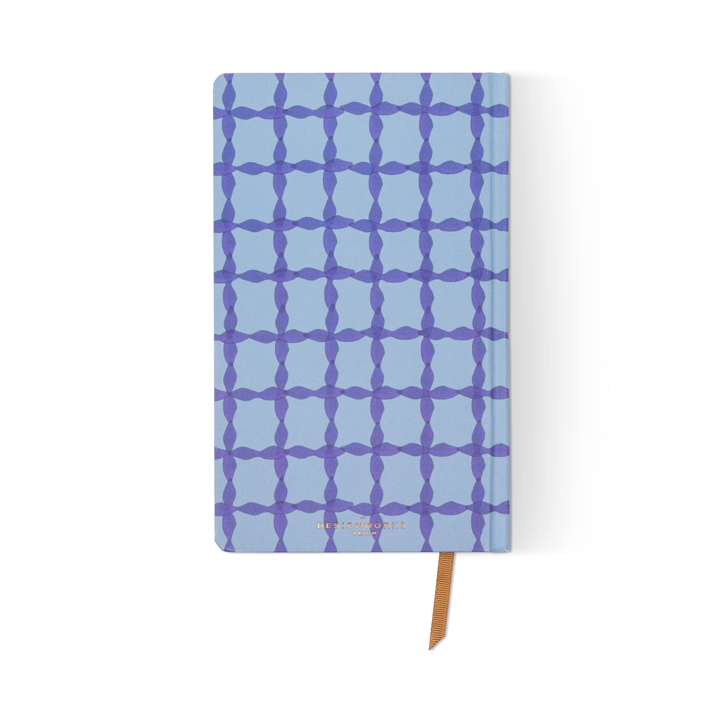 The Tulip Journal - Blue Lattice is a rectangular, blue-covered journal with a geometric lattice pattern of intersecting circles and lines, lay-flat binding, and a brown ribbon bookmark.