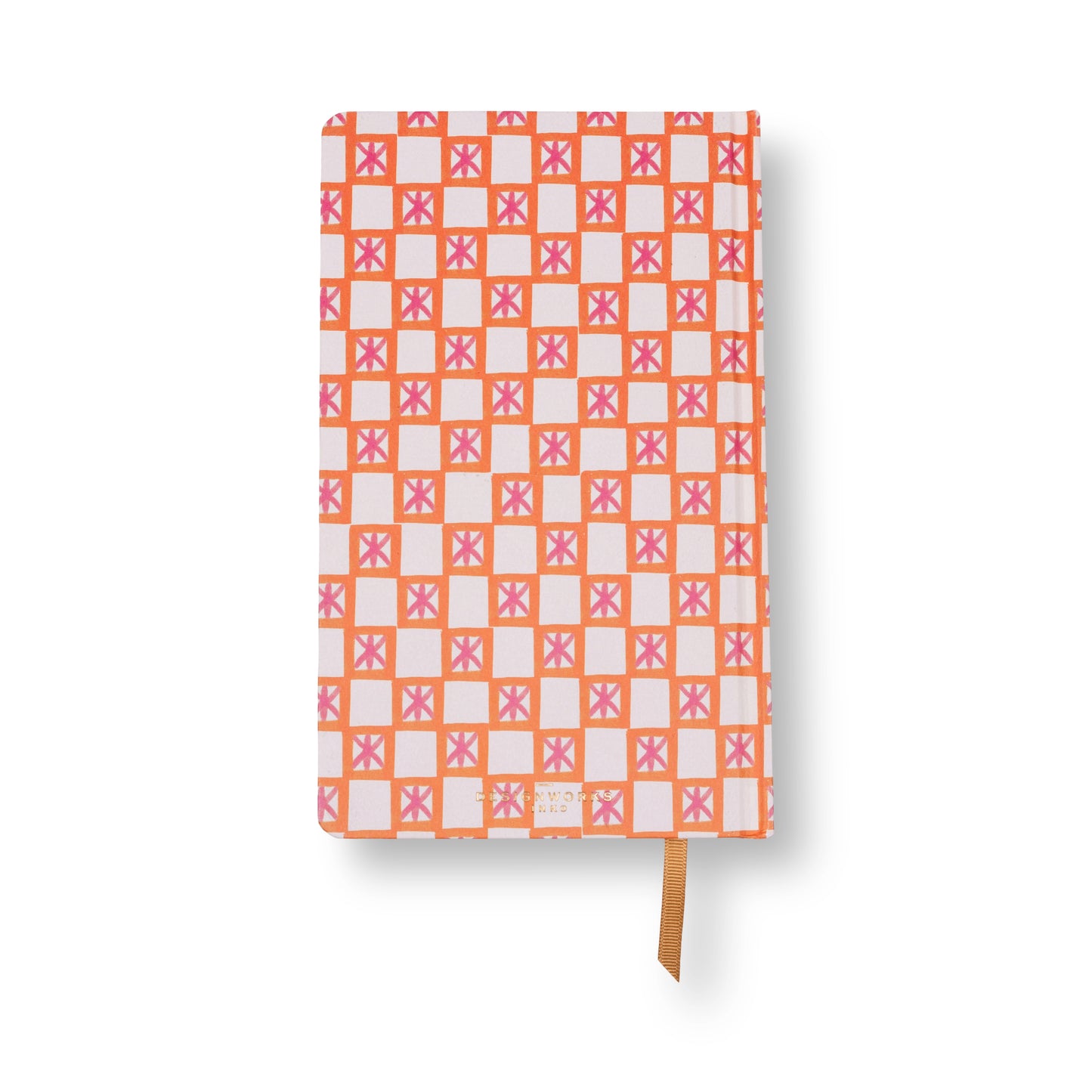 The Tulip Journal - Orange Check features an orange, pink, and white checkerboard cover with star accents and an orange ribbon bookmark—a vibrant journal to spark your creativity.