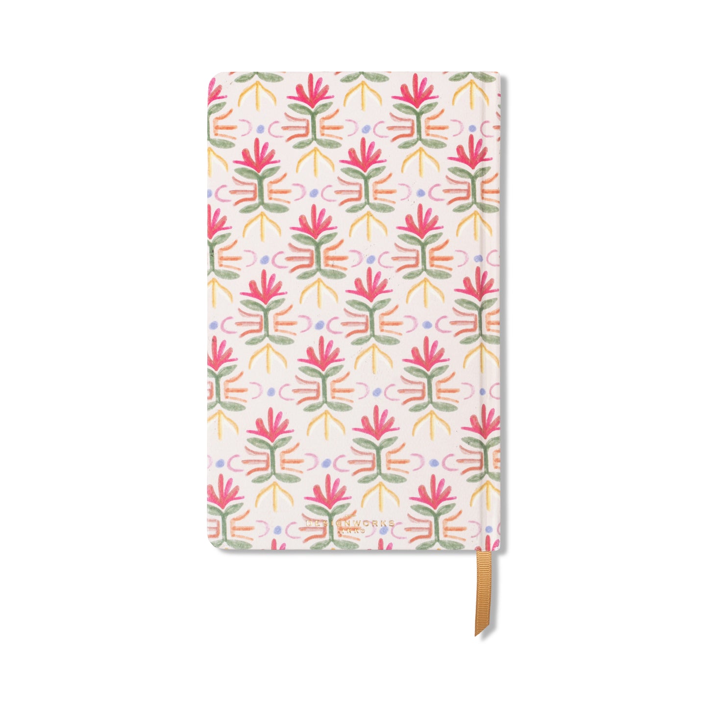 The Tulip Journal - Tropical is a rectangular notebook with a white cover decorated with pink, green, and yellow abstract tulips, and includes a brown ribbon bookmark attached at the bottom.