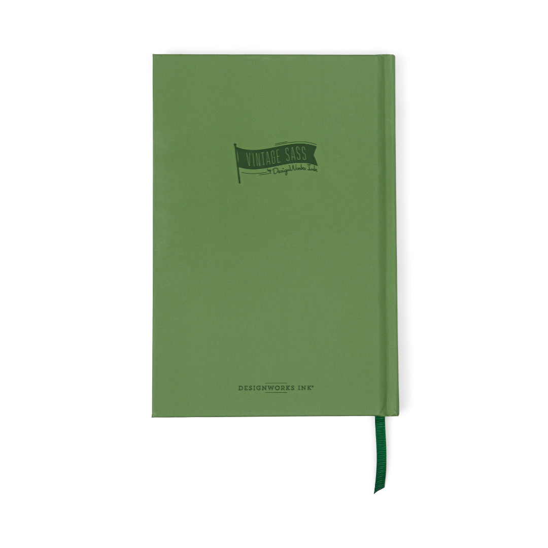 The Vintage Sass Journal - Lucky You is a green hardcover notebook featuring “VINTAGE SASS” and a small flag design on the cover, with a green ribbon bookmark peeking out at the bottom. This unique vintage journal is a perfect gift for anyone who loves adding personality to their stationery collection.