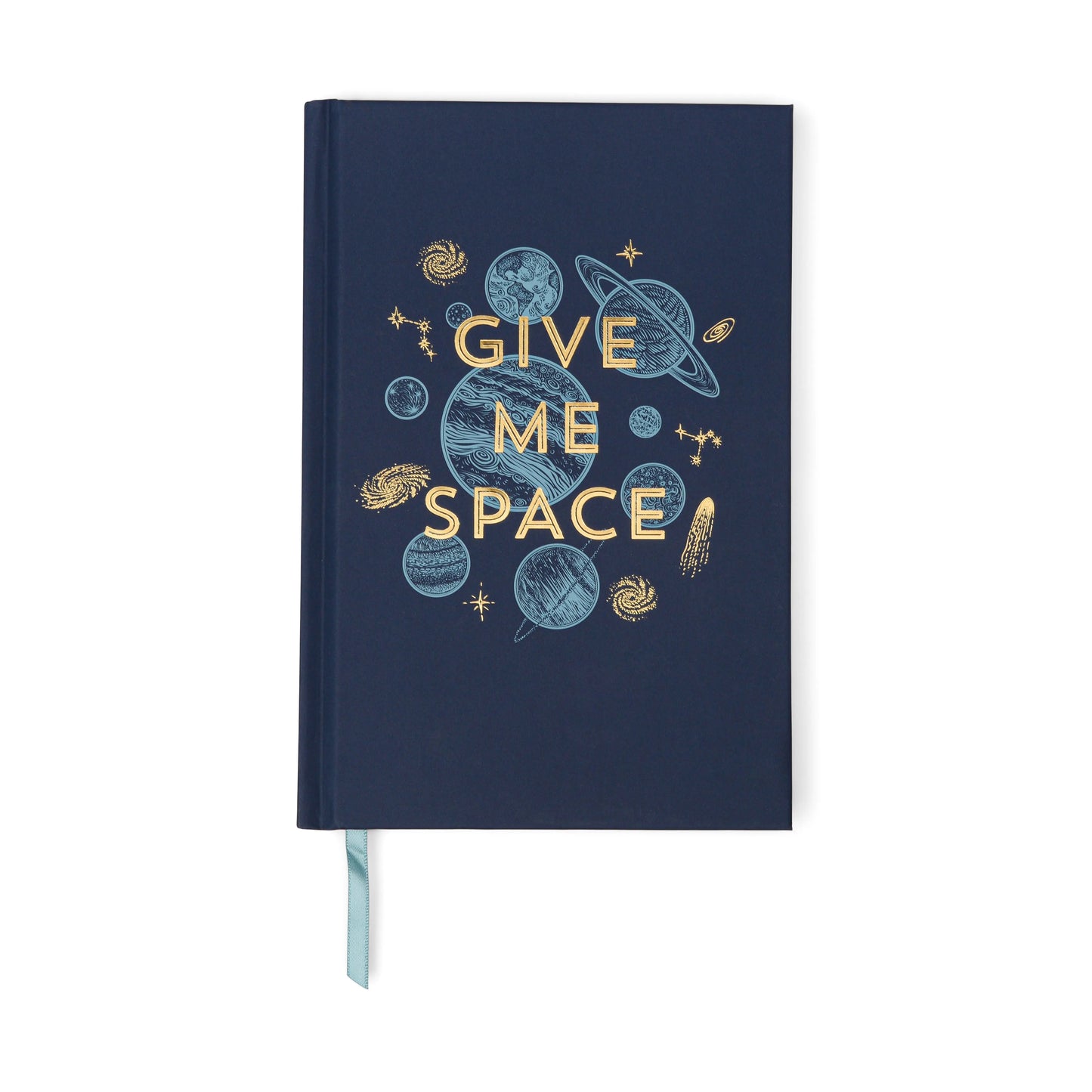 The Vintage Sass Journal - Give me Space features a dark blue hardcover with “GIVE ME SPACE” in metallic gold foil, planet and star illustrations, and a light blue ribbon bookmark—perfect for capturing cosmic ideas with retro flair.