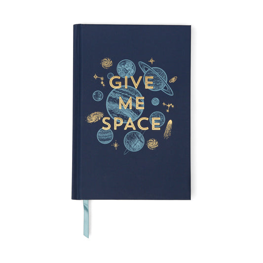 The Vintage Sass Journal - Give me Space features a dark blue hardcover with “GIVE ME SPACE” in metallic gold foil, planet and star illustrations, and a light blue ribbon bookmark—perfect for capturing cosmic ideas with retro flair.