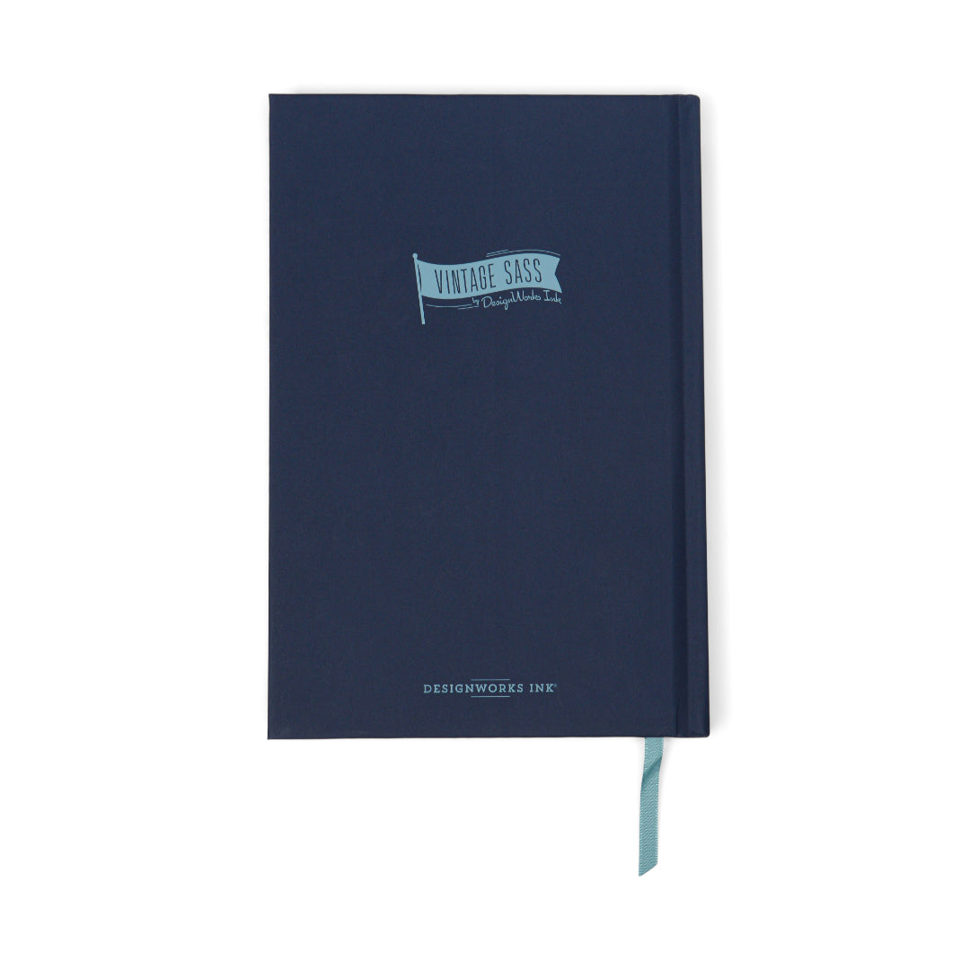 A navy blue retro notebook named the Vintage Sass Journal - Give Me Space, with “Vintage Sass” in light blue on the cover, featuring a matching blue ribbon bookmark and crisp lined pages inside.