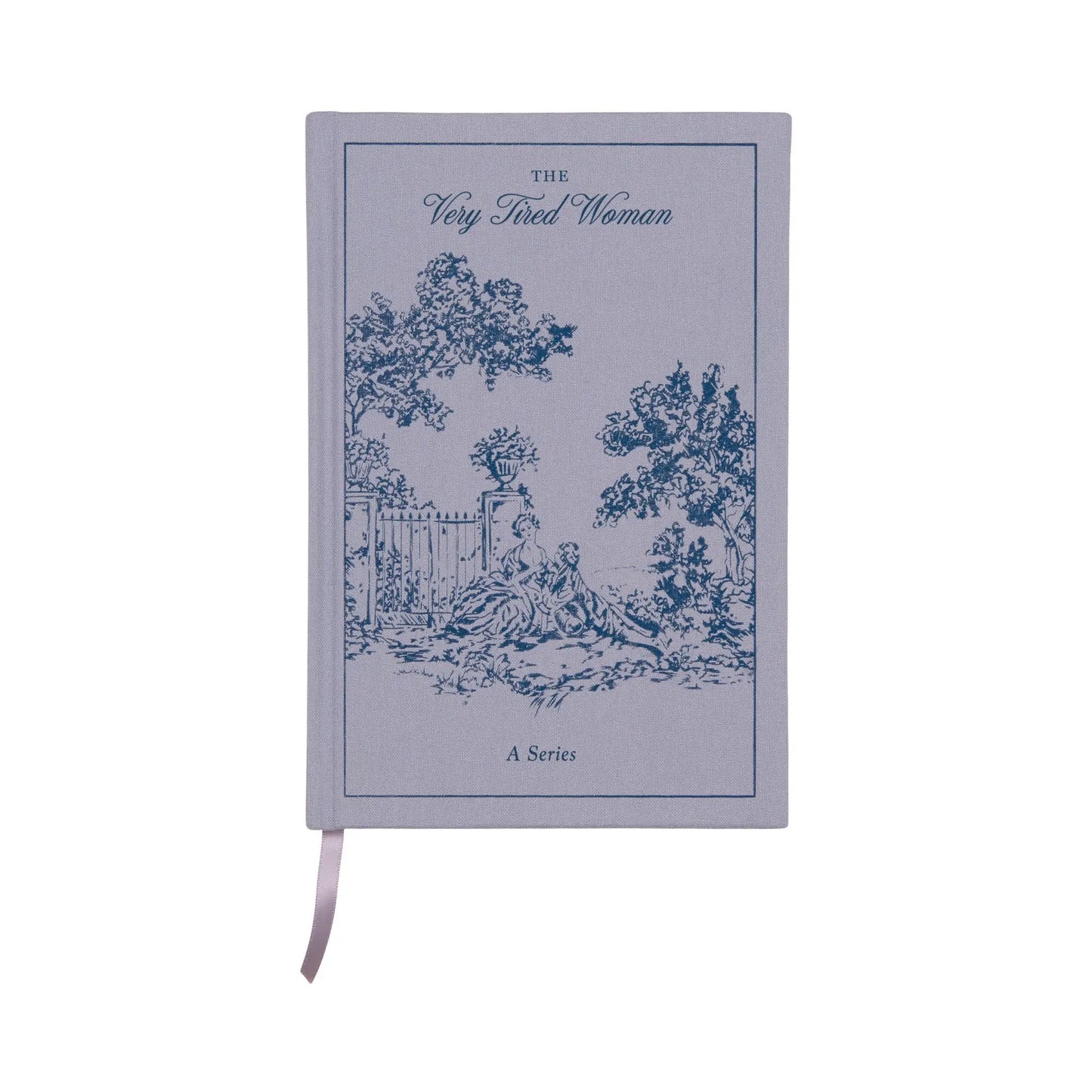 The Very Tired Woman Journal - 5.75x8.5 is a vintage book-inspired lavender hardcover with blue line art of two women resting outdoors, lay-flat binding, bookcloth covers, and a ribbon bookmark.