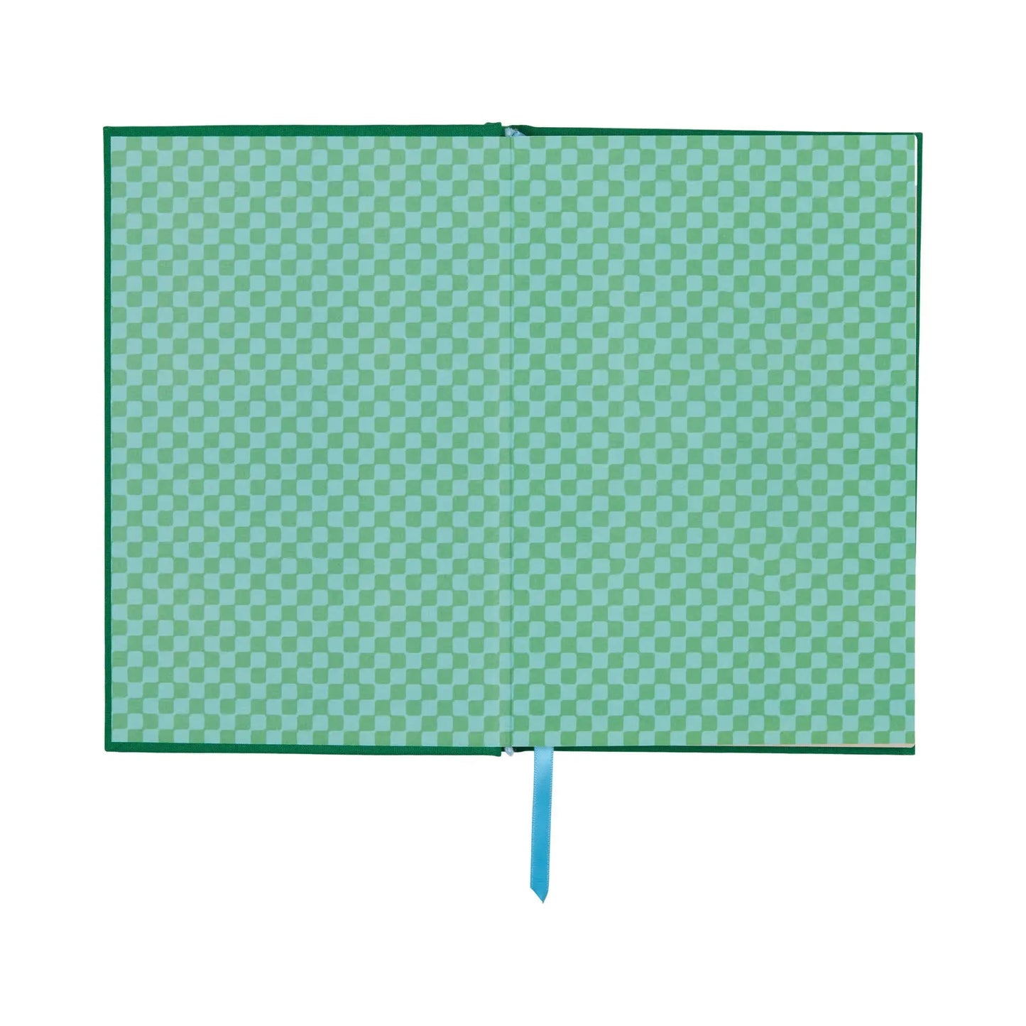 The Pardon Me Journal - 5.75x8.5 features green and light blue checkered endpapers inspired by vintage books, a blue ribbon bookmark, and sturdy bookcloth covers—perfect for capturing your thoughts in style.
