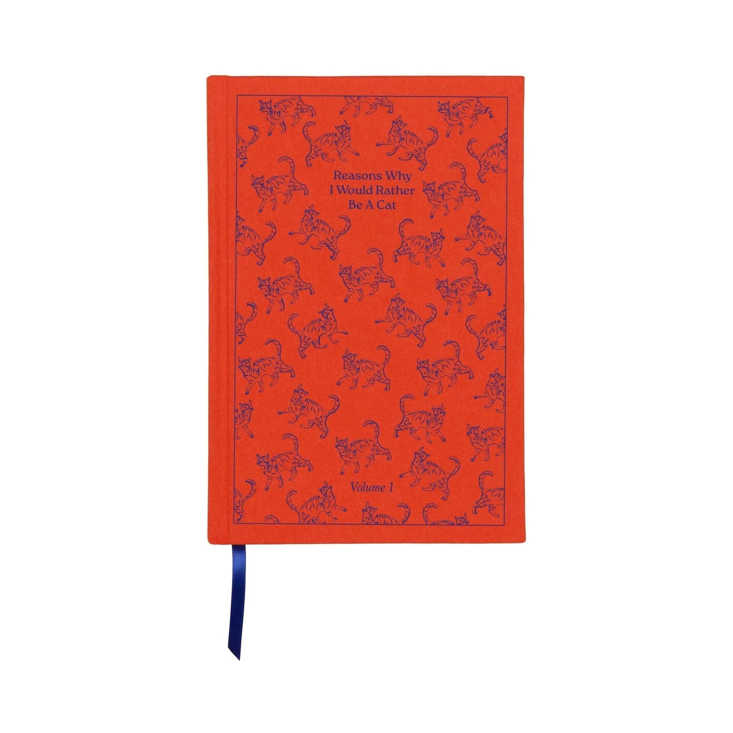The Reasons Why I Would Rather Be A Cat Journal - 5.75x8.5 is a red hardcover with a bookcloth cover, blue cat illustrations, and the title on the front; it includes a blue ribbon bookmark for a vintage touch.