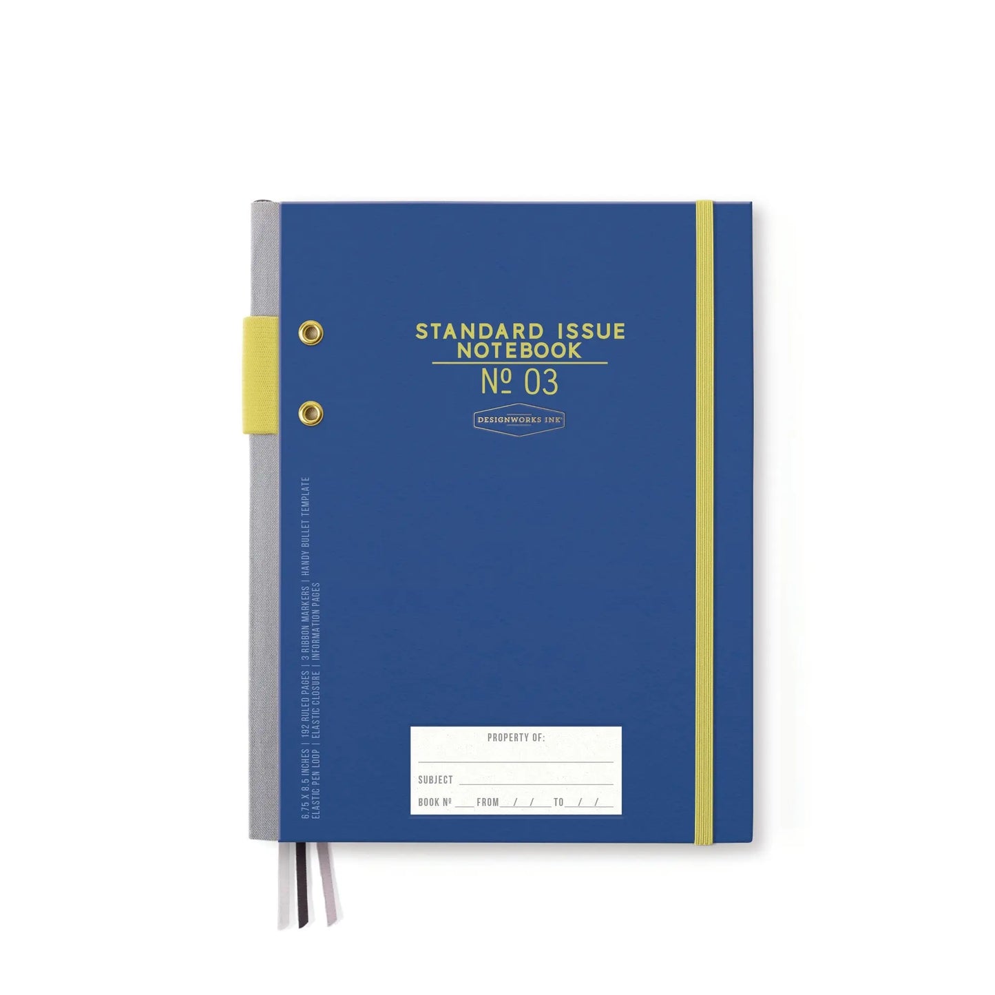 The Standard Issue Planner Notebook No. 03 - Cobalt + Citron is a blue and gray hardback notebook with a yellow elastic closure and ribbon bookmarks, featuring acid-free paper, shown closed on a white background.