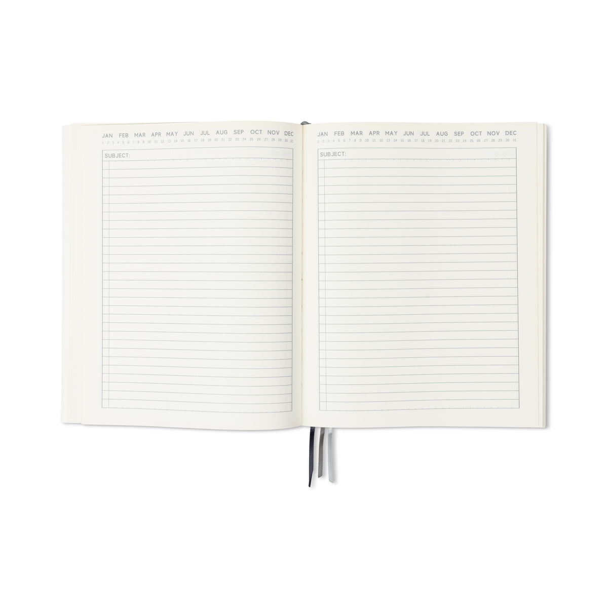 An open Standard Issue Planner Notebook No. 03 - Green displays lined pages with monthly columns at the top and two ribbon bookmarks visible at the bottom center.
