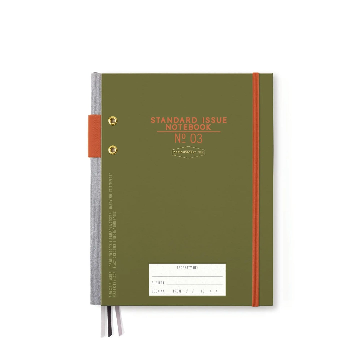 The Standard Issue Planner Notebook No. 03 - Army Green + Chili features an olive green cover with a chili orange elastic band, a red label, white property tag, two silver grommets, three ribbon bookmarks, and acid-free paper for durability.