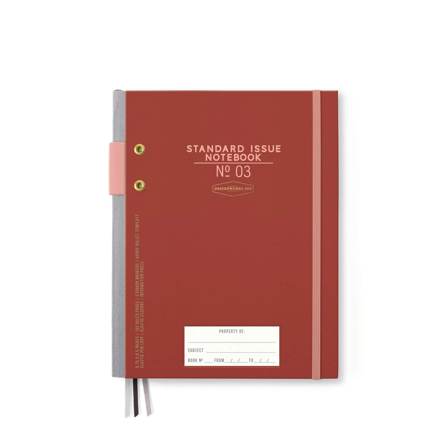 The Standard Issue Planner Notebook No. 03 - Rosewood + Blush features hardback covers, an elastic band closure, two ribbon bookmarks, and a white property label on the front.