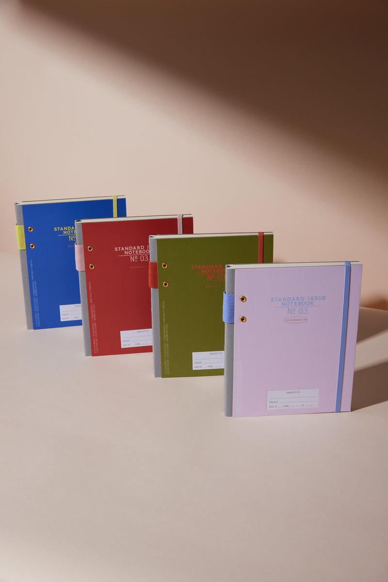 The Standard Issue Planner Notebook No. 03 - Lavender + Periwinkle stands upright on a light beige surface, featuring colorful covers and lined pages for all your planner notebook needs.
