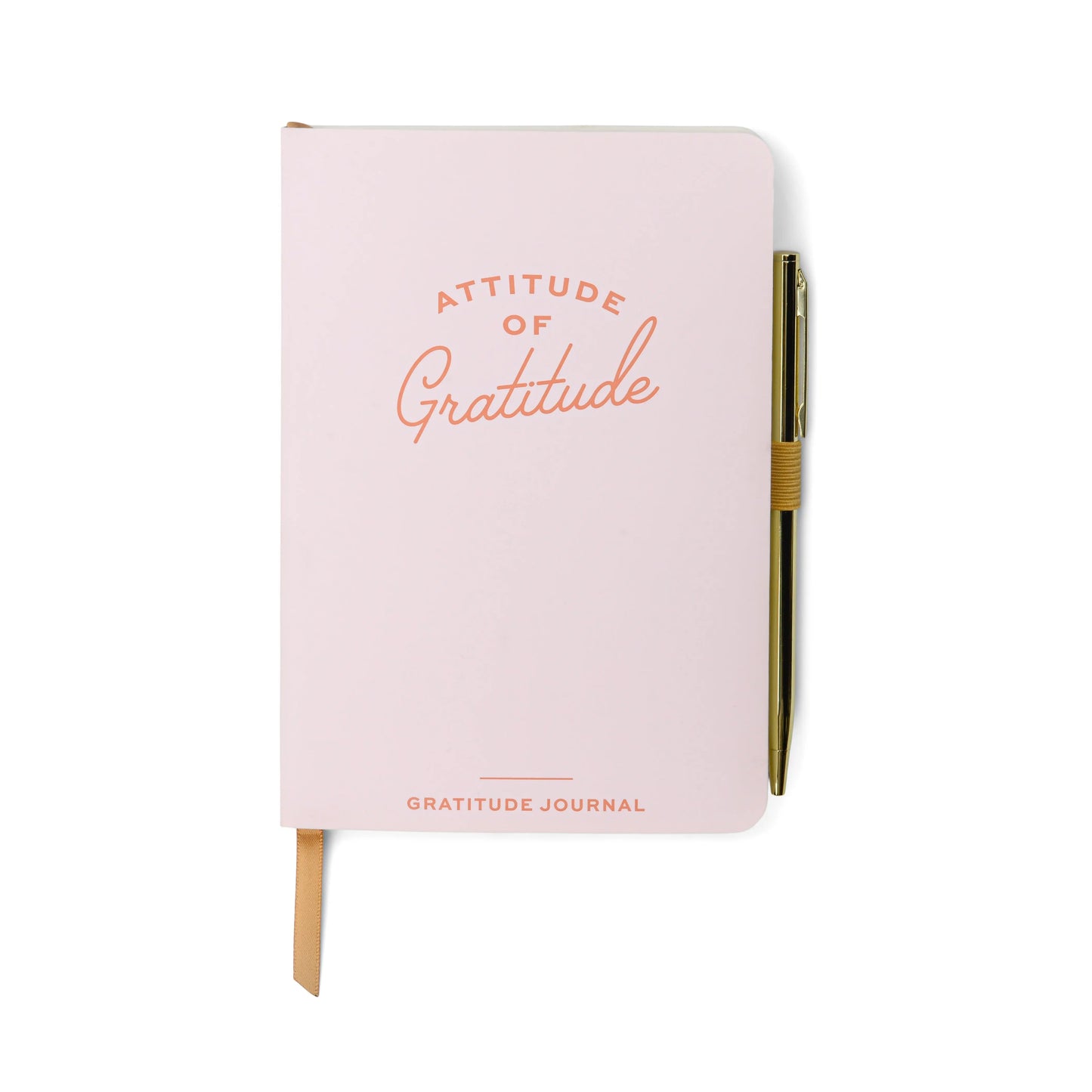 The Gratitude Journal with Pen - Attitude of Gratitude features a light pink cover, guided mindfulness pages, Attitude of Gratitude and Gratitude Journal on the front, a gold pen attached to the side, and a ribbon bookmark.