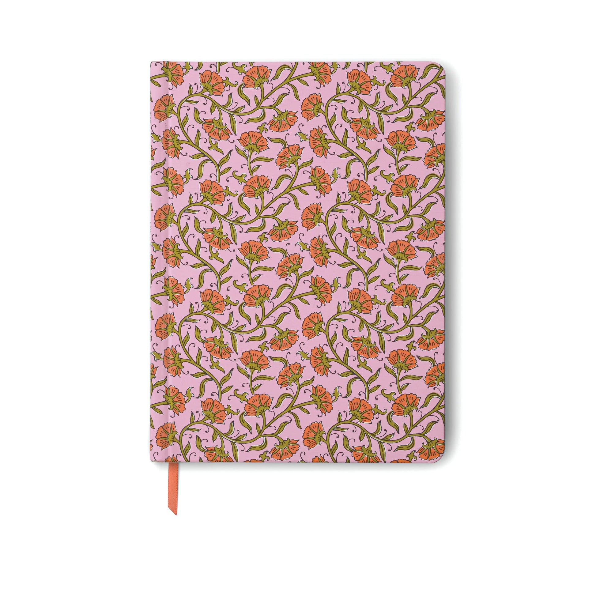 A closed Soft Touch Jumbo Journal - Pink Vintage Floral with lined pages and an orange ribbon bookmark.