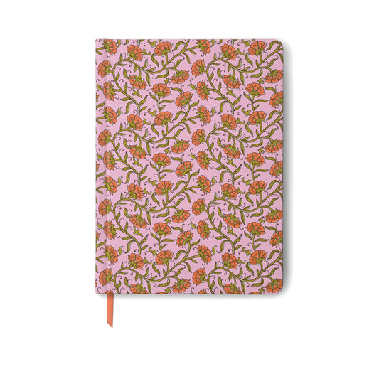 A closed Soft Touch Jumbo Journal - Pink Vintage Floral with lined pages and an orange ribbon bookmark.