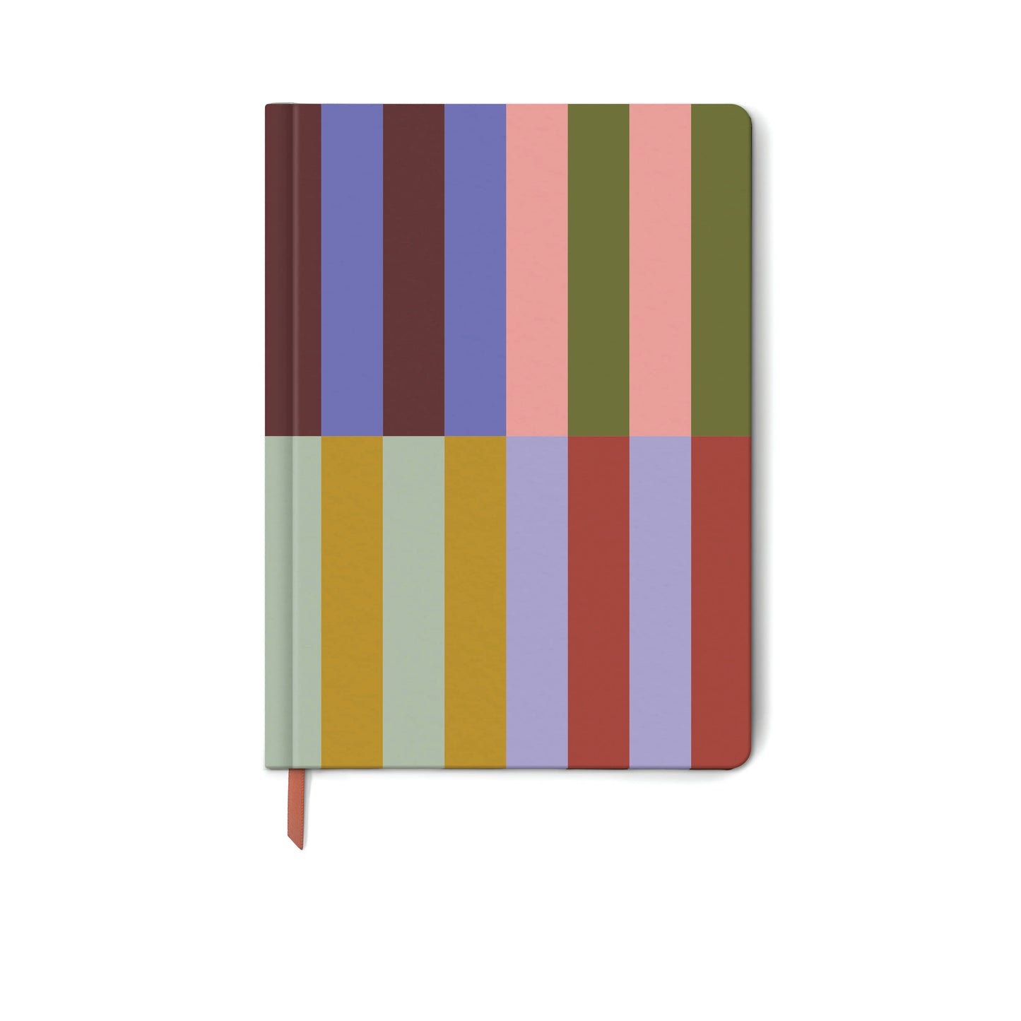 The Soft Touch Jumbo Journal - Bold Stripe features a vibrant striped cover in blue, brown, pink, green, yellow, and red with a ribbon bookmark—ideal for jotting notes on its lined pages.