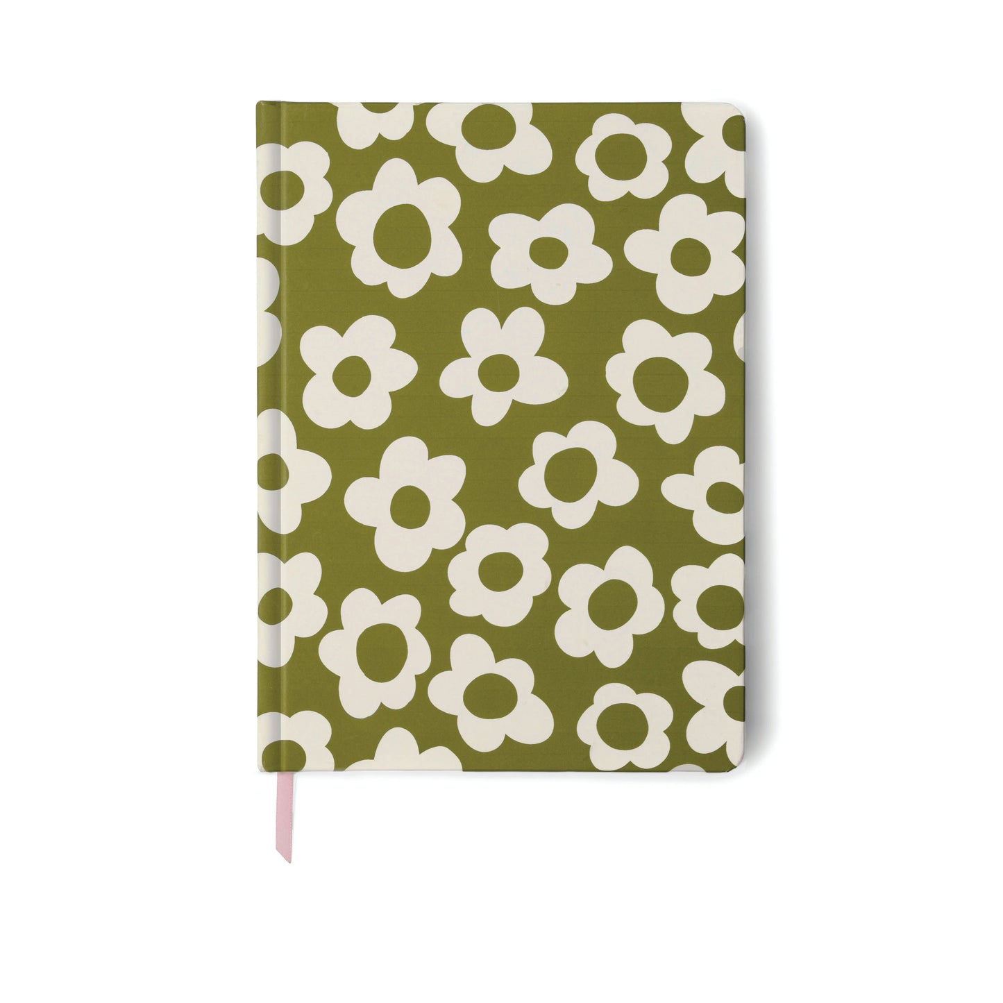 The Soft Touch Jumbo Journal - Green Groovy Floral is a hardcover with an olive green cover, white floral pattern, lined pages, and a pink ribbon bookmark.