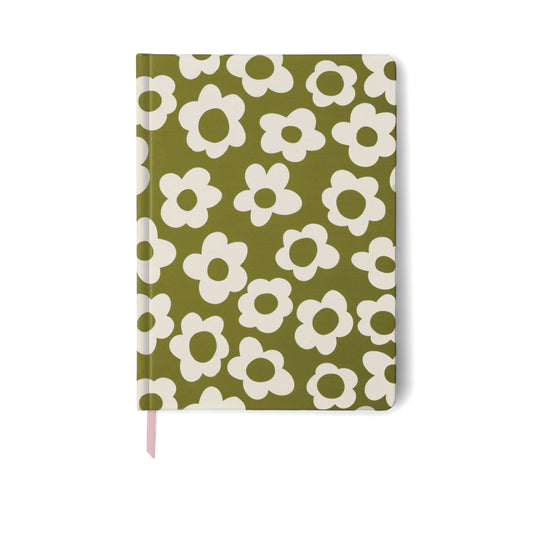 The Soft Touch Jumbo Journal - Green Groovy Floral is a hardcover with an olive green cover, white floral pattern, lined pages, and a pink ribbon bookmark.