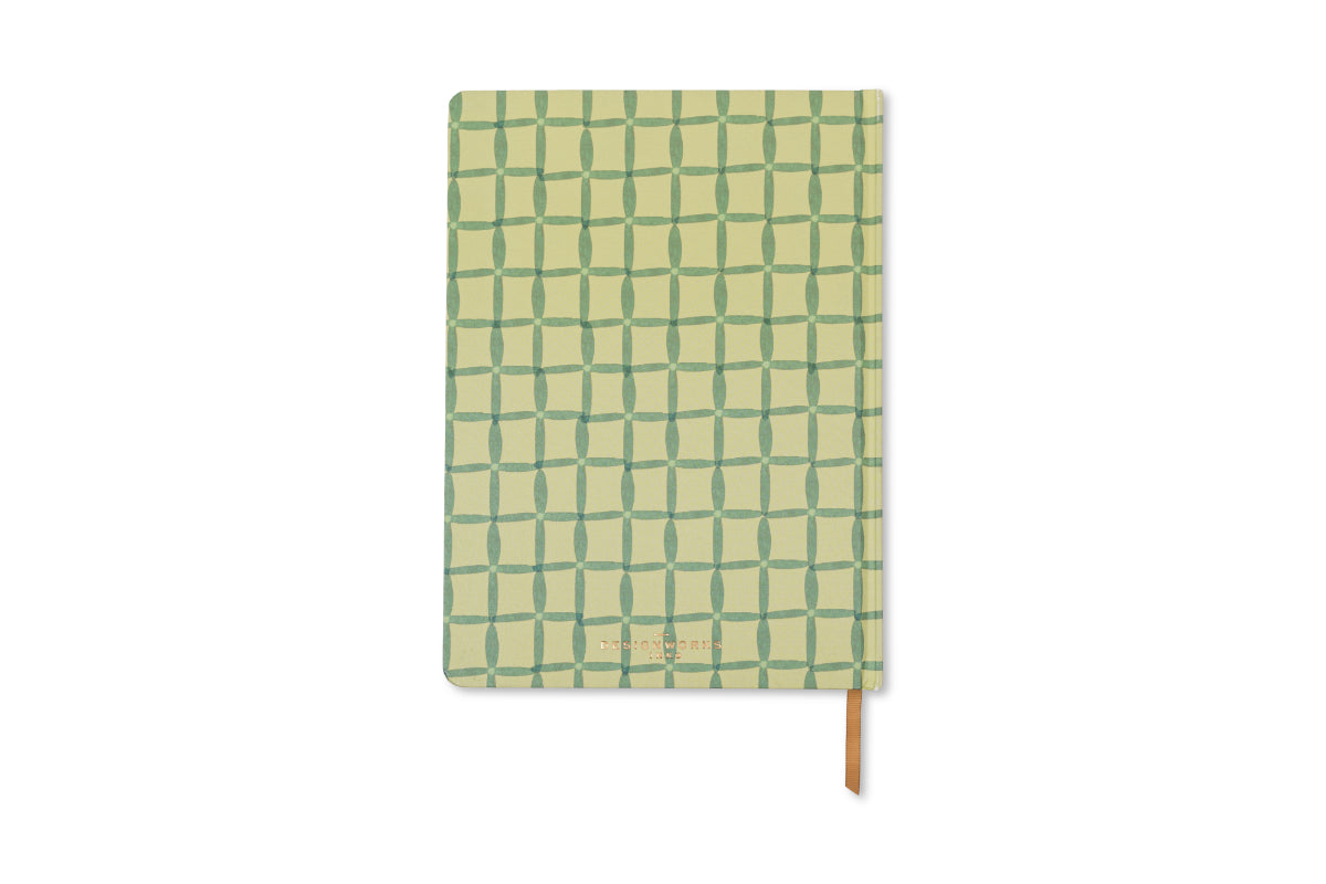 The Tulip Jumbo Journal - Green Lattice features intersecting dark green grid lines and a gold ribbon bookmark, displayed closed on a white background—ideal for botanical journal enthusiasts.