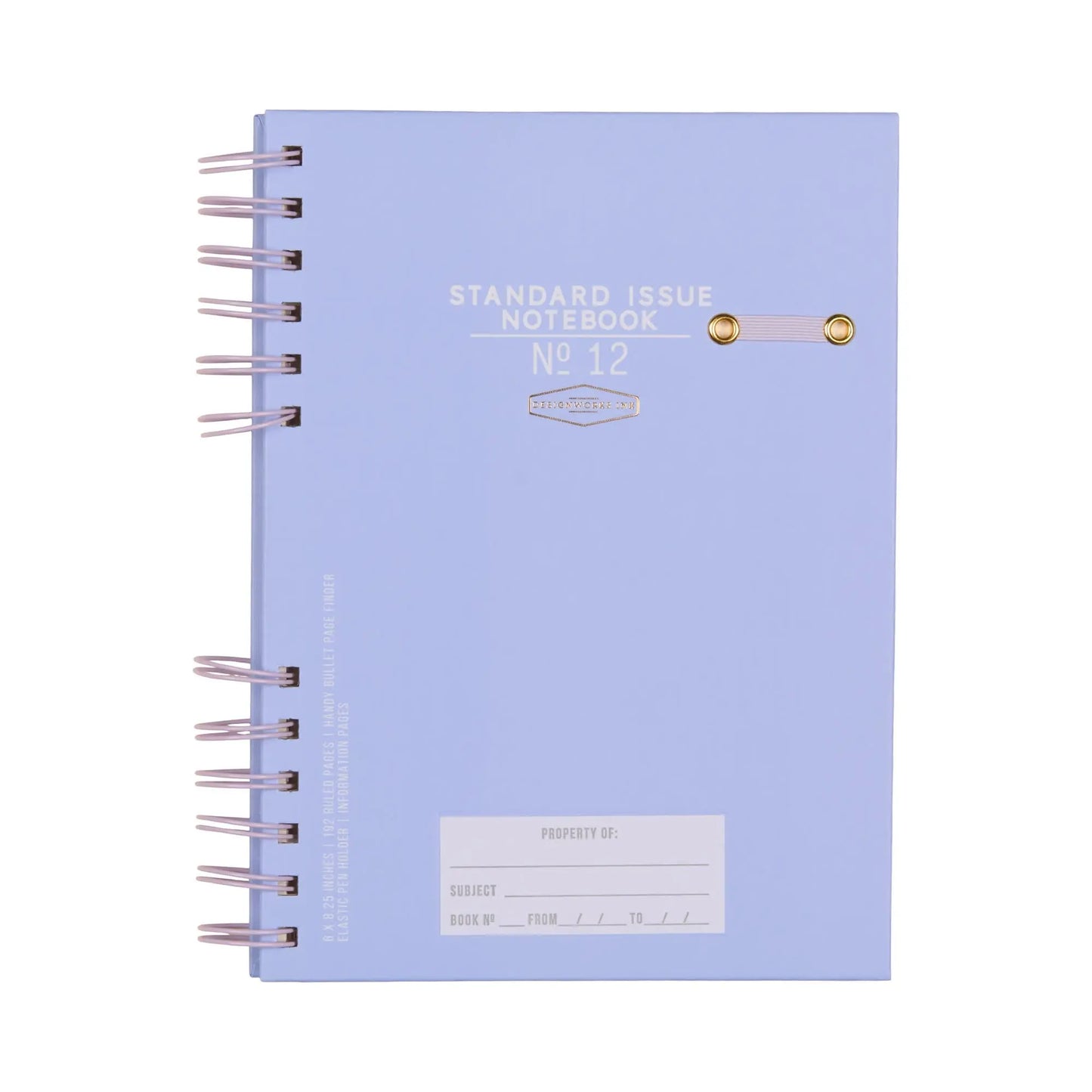 A spiral-bound Standard Issue Planner Notebook No. 12 in Lavender + Periwinkle, featuring high-quality construction and a cover section for subject and owner details.