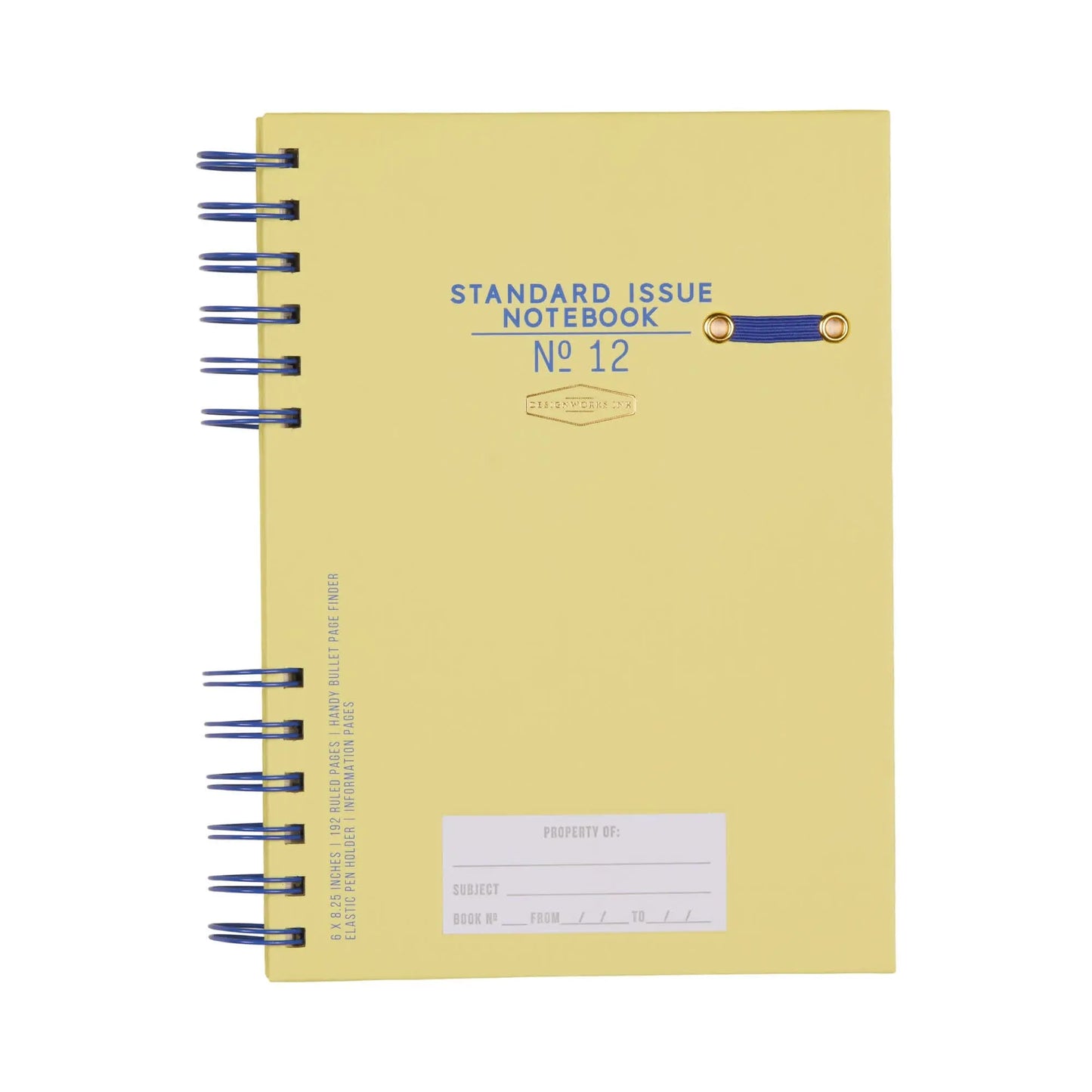 The Standard Issue Planner Notebook No. 12 - Cobalt + Citron is a yellow, spiral-bound notebook with premium construction, a blue elastic band, and a property label on the cover for an elevated writing experience.