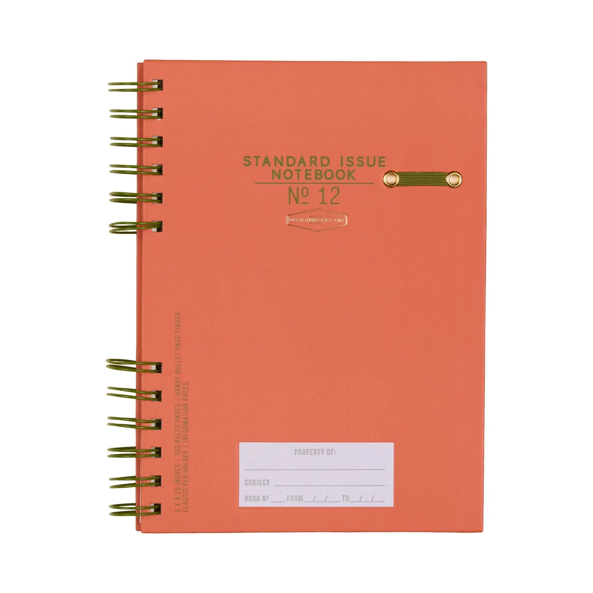 The Standard Issue Planner Notebook No. 12 in Army Green + Chili is spiral-bound and designed for premium writing, featuring durable construction, a gold clasp, and a white property label on the front cover.