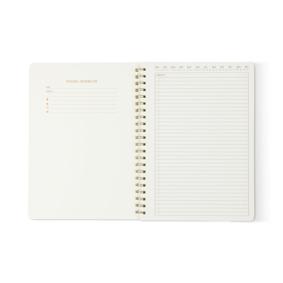 Textured Paper Large Twin Wire Notebook - Lilac. The open, spiral-bound softcover notebook displays Personal Information fields on the left page, while the right page—crafted from textured paper—features a lined notes section with space for a date at the top, as well as months and days listed along the upper edge. Both perforated pages are blank.