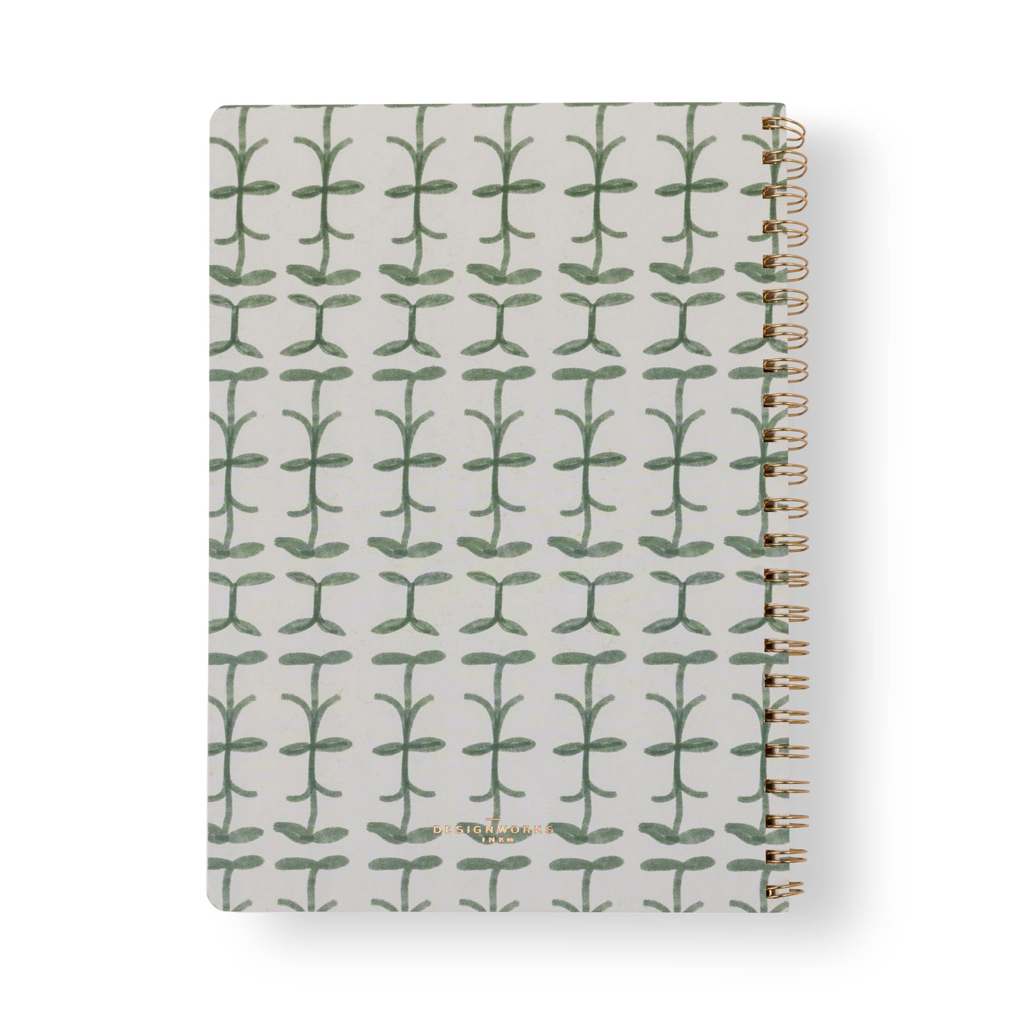 The Tulip Large Twin Wire Notebook - Green Vine features a white cover with repeating green, stylized vertical plant motifs in neat rows and a gold-colored twin-wire binding on the right side.