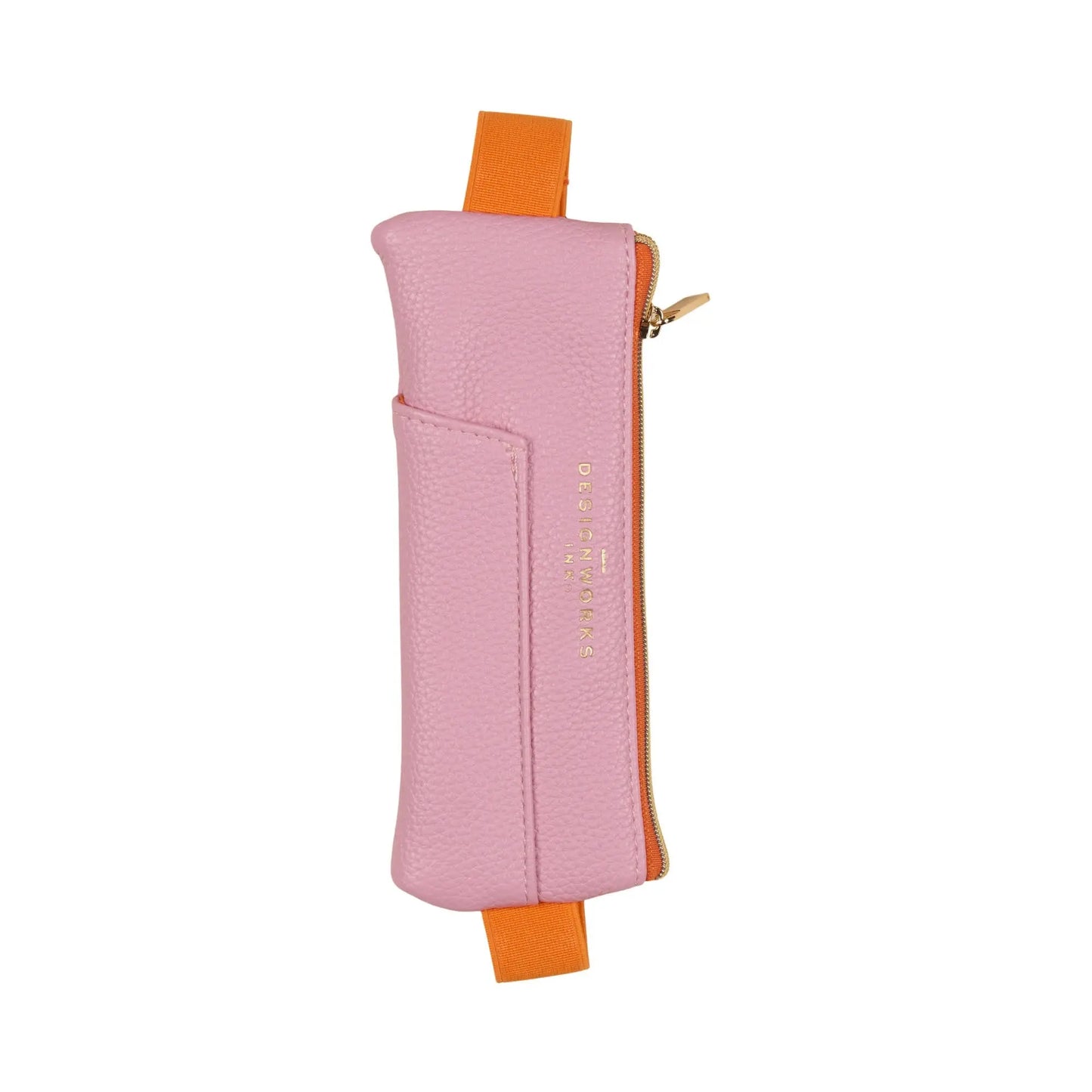 The Vegan Leather Pen Pouch - Pink + Orange features a gold zipper, orange handle accents, and an adjustable elastic band for attaching to notebooks. Made from pink vegan leather, its shown against a white background.