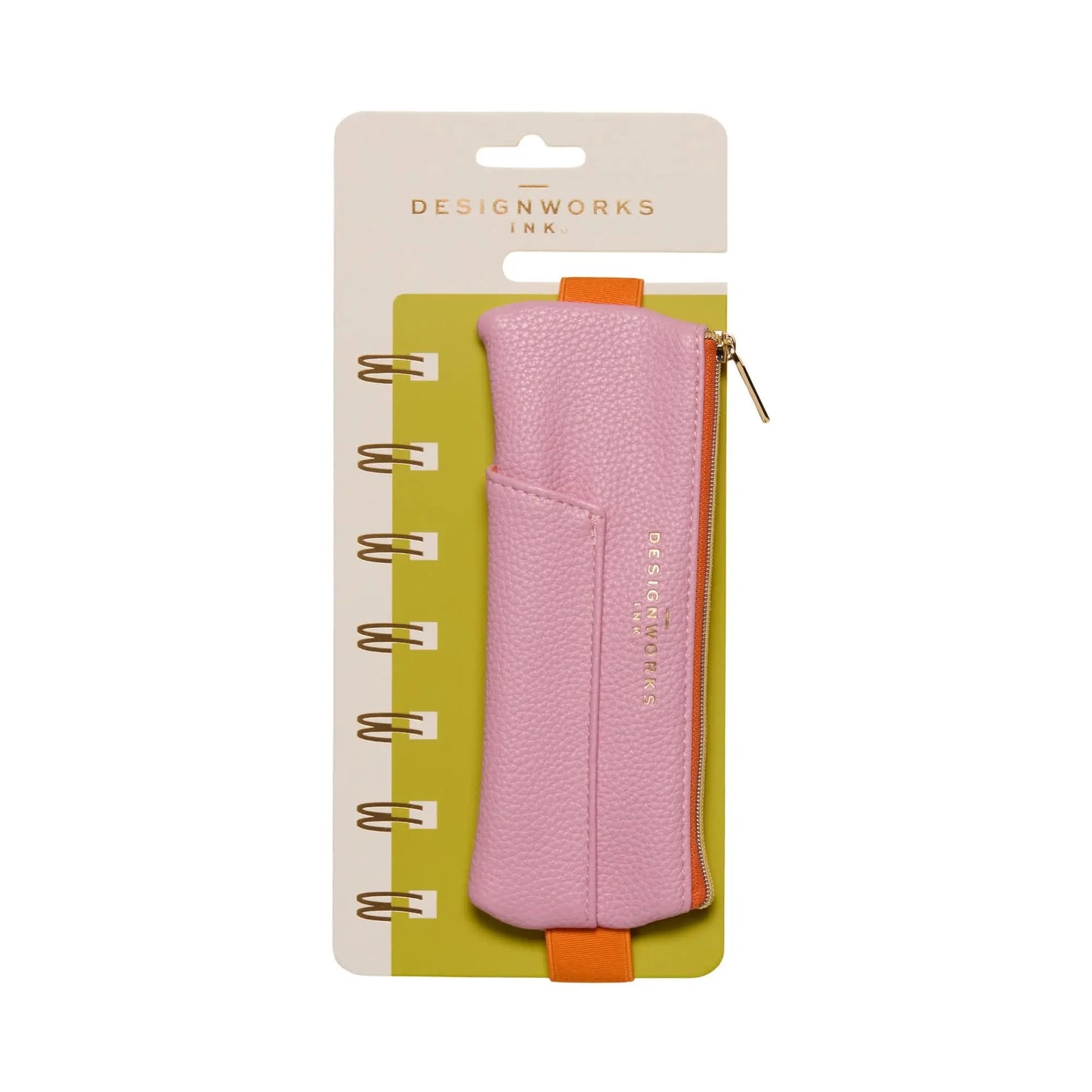 The Vegan Leather Pen Pouch - Pink + Orange features a gold zipper and attaches to your spiral-bound notebook with an adjustable elastic band, making it a stylish and practical accessory from DESIGNWORKS INK.