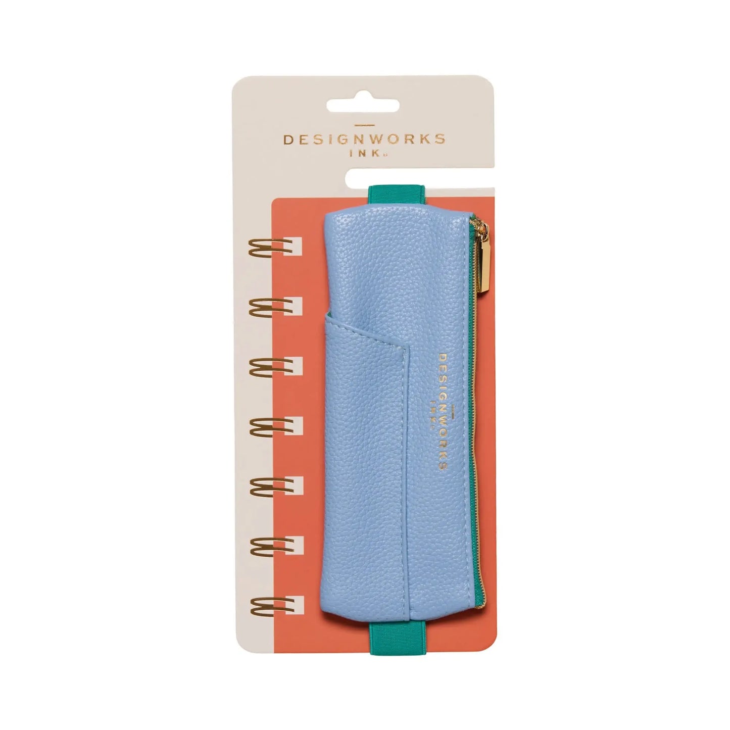 A Vegan Leather Pen Pouch in light blue and green attaches to the cover of a spiral notebook with an orange DesignWorks Ink cover, providing a stylish way to organize pens and pencils.