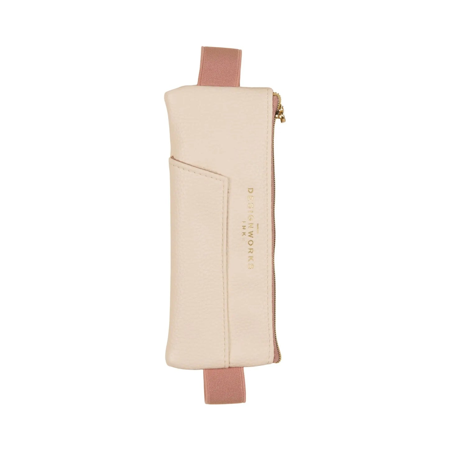 The Vegan Leather Pen Pouch - Cream + Taupe features a zippered beige PU design, small front pocket, gold text, pink handles on both ends, and an adjustable elastic band for use as a book band pen pouch.