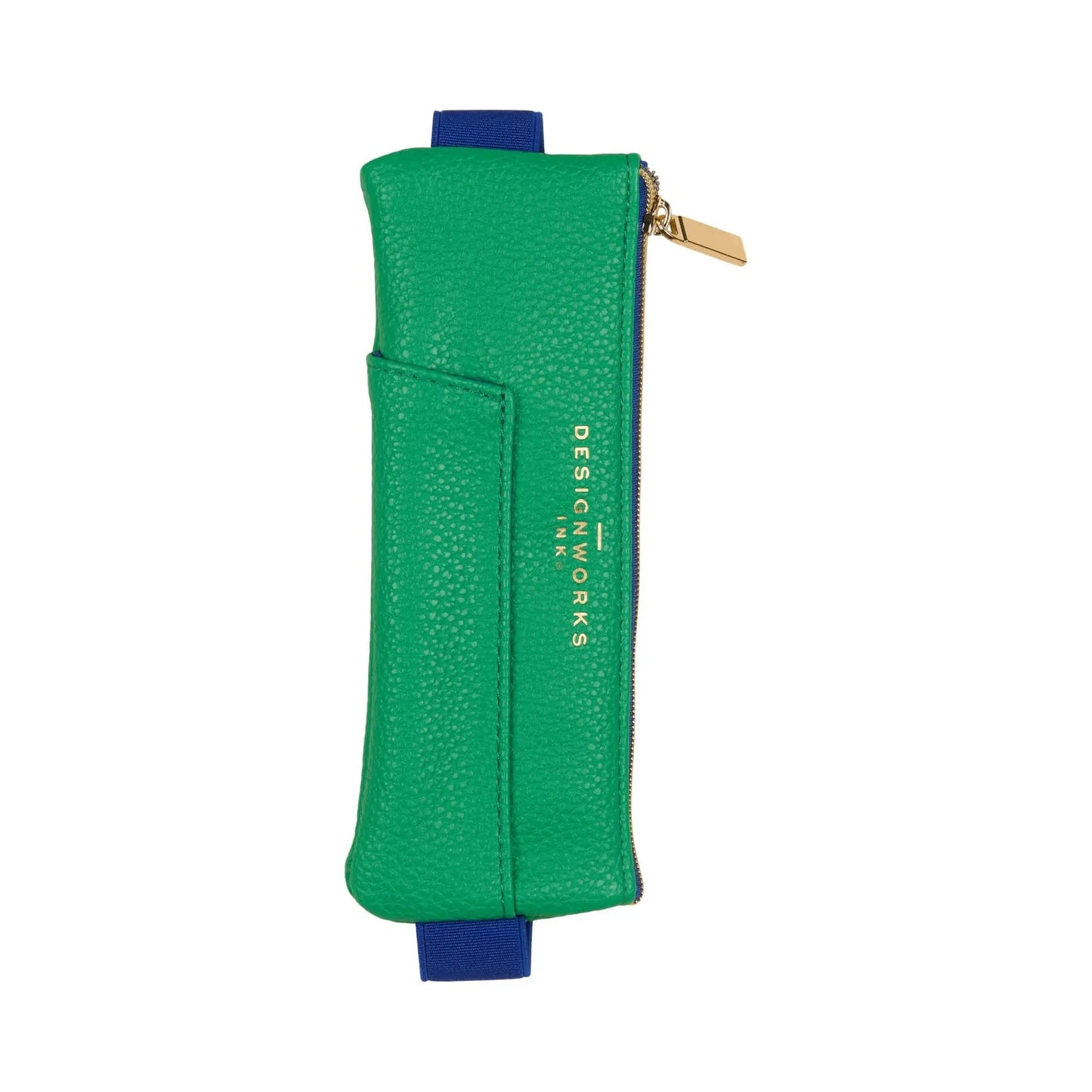 The Vegan Leather Pen Pouch - Bright Green + Navy features a gold DesignWorks Ink logo, pocket, and blue adjustable elastic bands, with a zippered closure and shown on a white background.