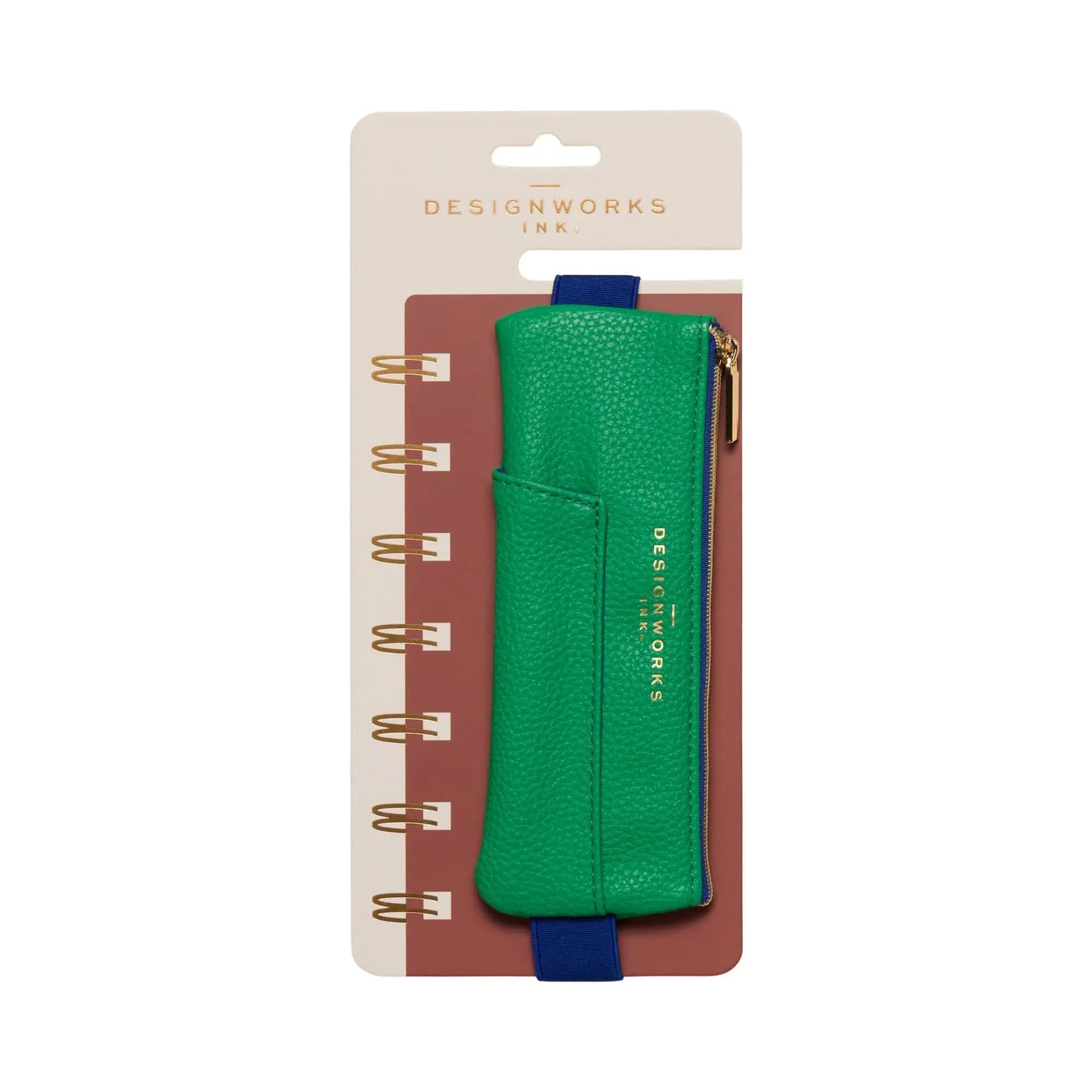 A Vegan Leather Pen Pouch - Bright Green + Navy, with a zippered closure and adjustable elastic, is attached to a brown spiral notebook with gold rings, both displayed on a branded card for secure and stylish organization.