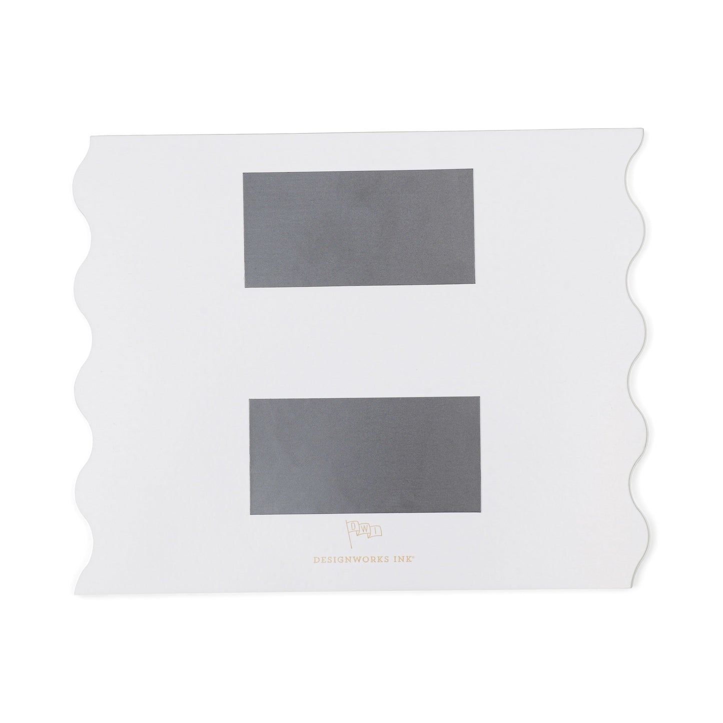 The Meal Planner Notepad with Magnets – Cloud + Cream features a white rectangular frame with scalloped edges, two black sections for lists or menus, and is labeled DesignWorks Inc.—a stylish choice for organizing your week.