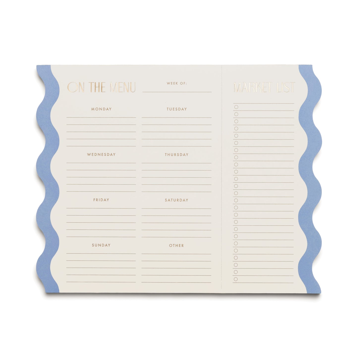 Stay organized in style with our Meal Planner Notepad with Magnets – Cloud + Cream, featuring daily sections, an Other area, a market list on the right, and a chic blue wavy border.