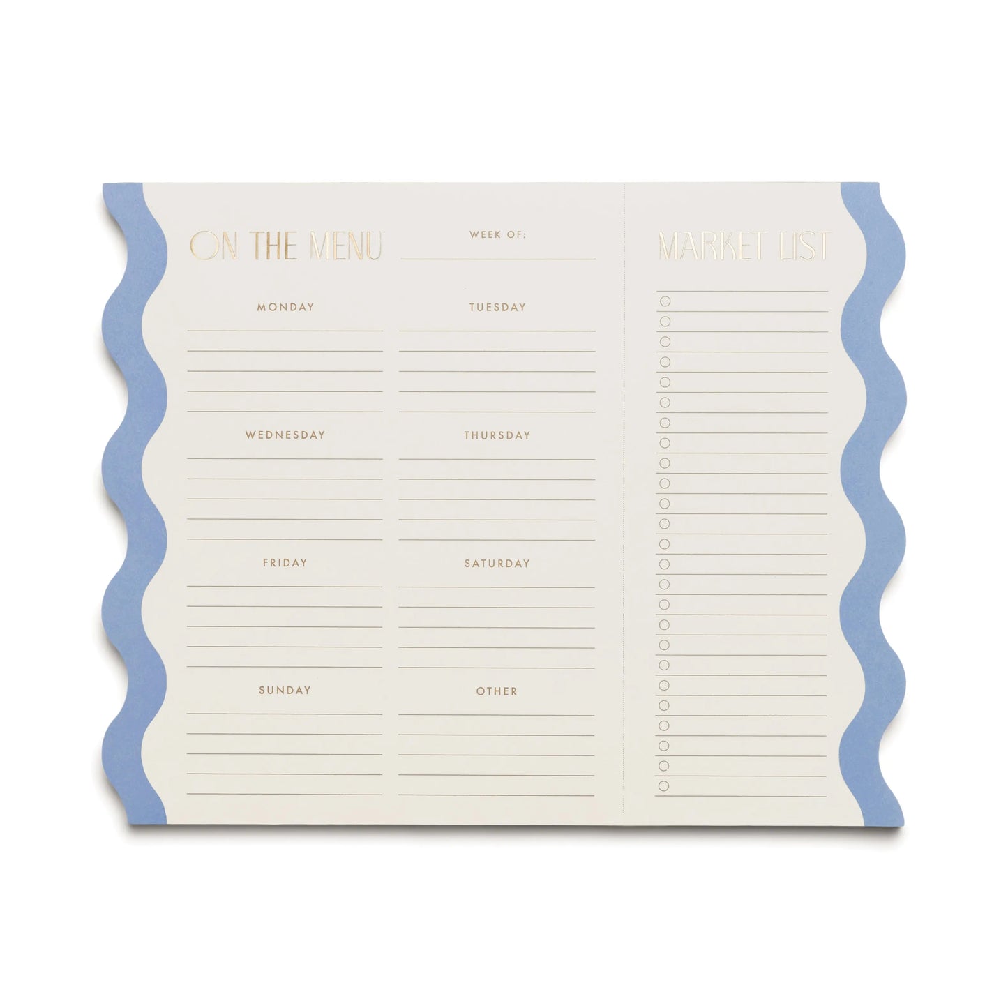 Stay organized in style with our Meal Planner Notepad with Magnets – Cloud + Cream, featuring daily sections, an Other area, a market list on the right, and a chic blue wavy border.