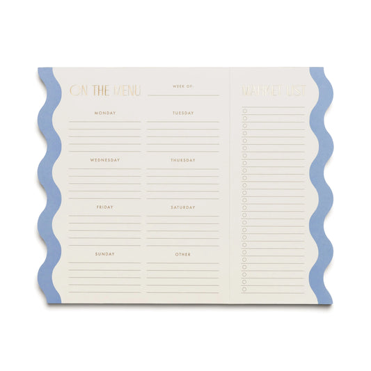 Stay organized in style with our Meal Planner Notepad with Magnets – Cloud + Cream, featuring daily sections, an Other area, a market list on the right, and a chic blue wavy border.
