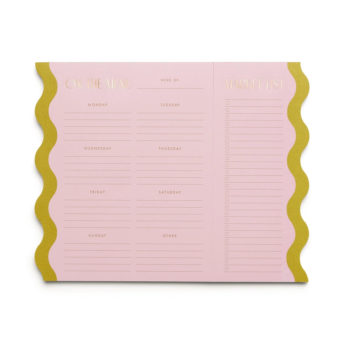 The Meal Planner Notepad with Magnets - Pink + Chartreuse features gold wavy edges, daily sections on the left, and a market list with checkboxes on the right—ideal for mod notepad fans!.