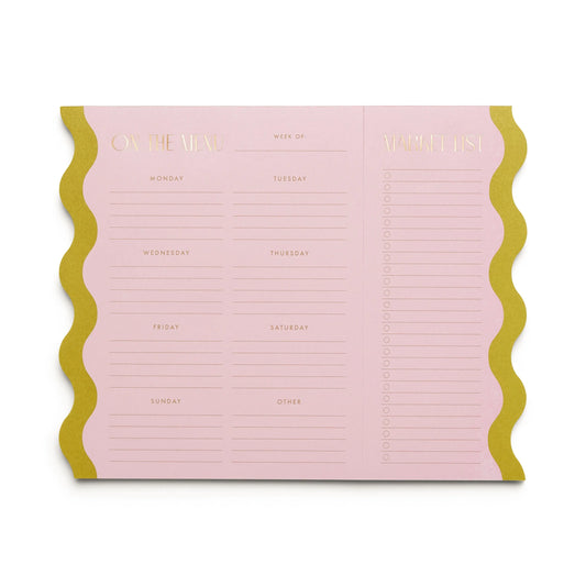 The Meal Planner Notepad with Magnets - Pink + Chartreuse features gold wavy edges, daily sections on the left, and a market list with checkboxes on the right—ideal for mod notepad fans!.