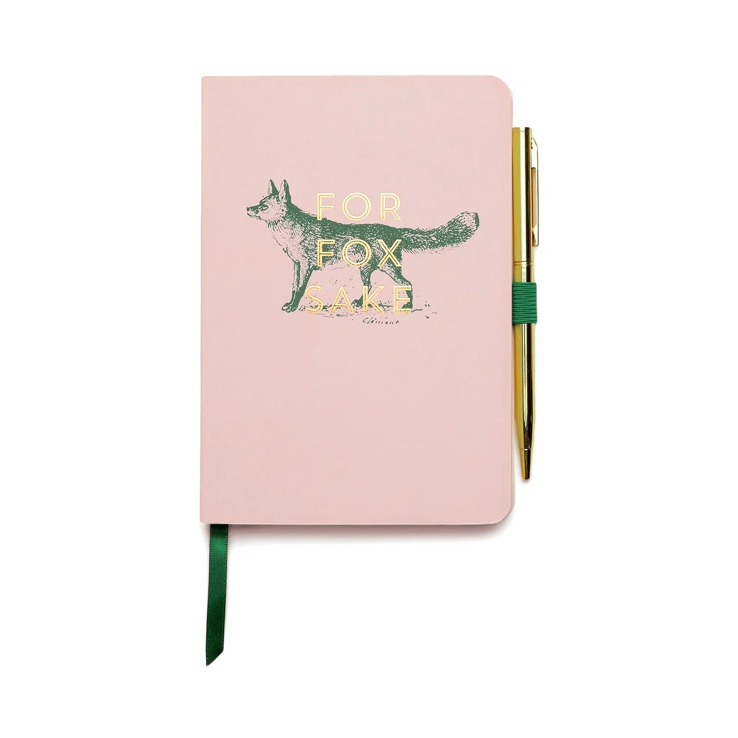 The Vintage Sass Notebook with Pen - For Fox Sake is a pink journal with vintage flair, featuring a charming fox cover, green ribbon bookmark, metallic gold foil accents, and a matching gold pen.
