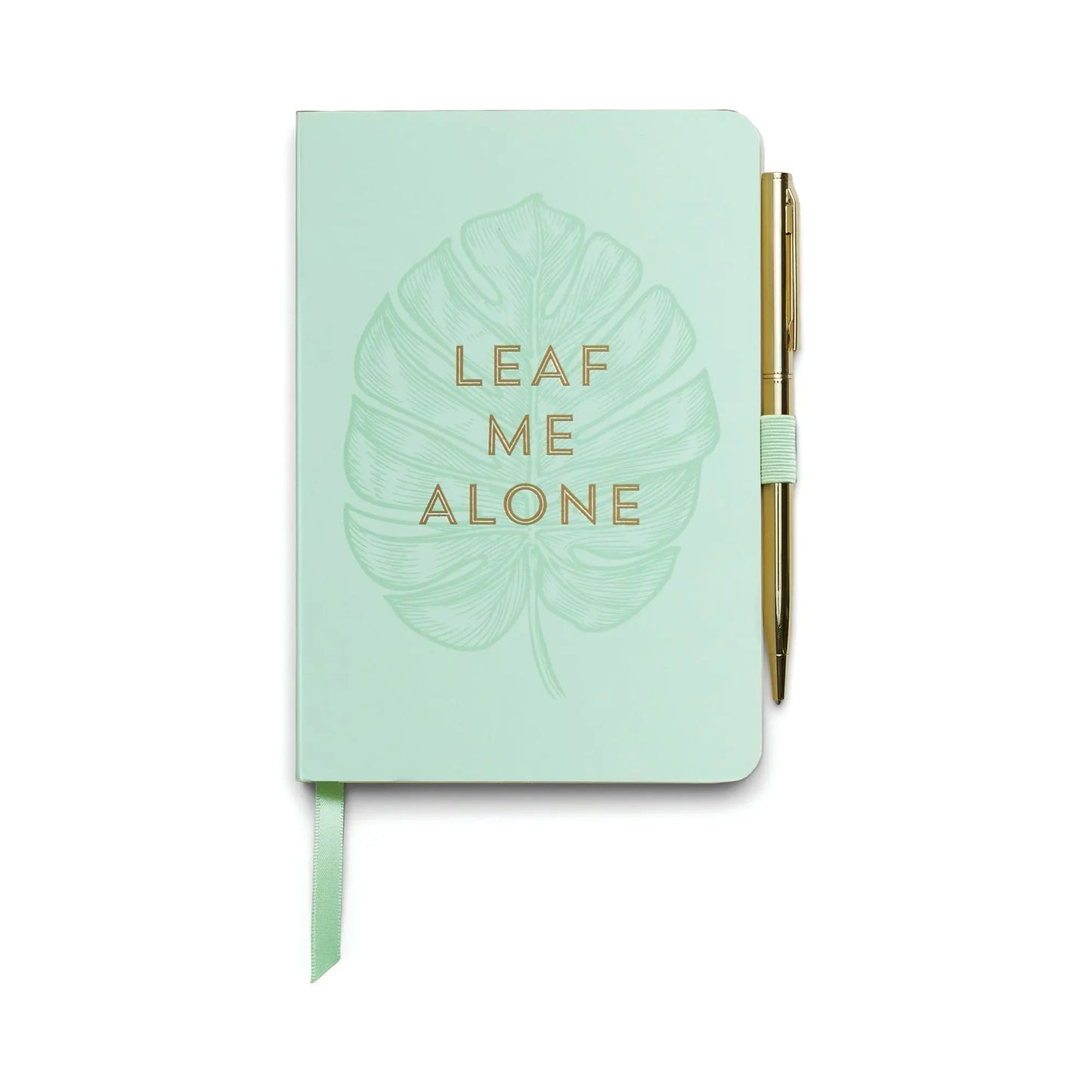 The Vintage Sass Notebook with Pen - Leaf Me Alone features a mint green cover with a unique leaf illustration, gold LEAF ME ALONE text, and an attached gold pen—perfect for stylish note-taking.